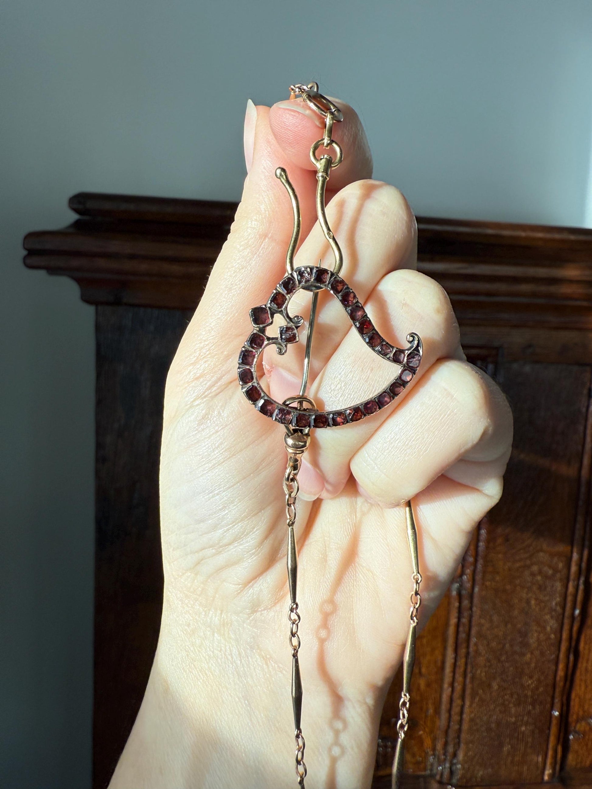 Georgian Antique Crowned WITCH'S HEART Flat Cut Garnet Figural 9k Gold Brooch Pendant Charm Holder Extender Connector Romantic Gift