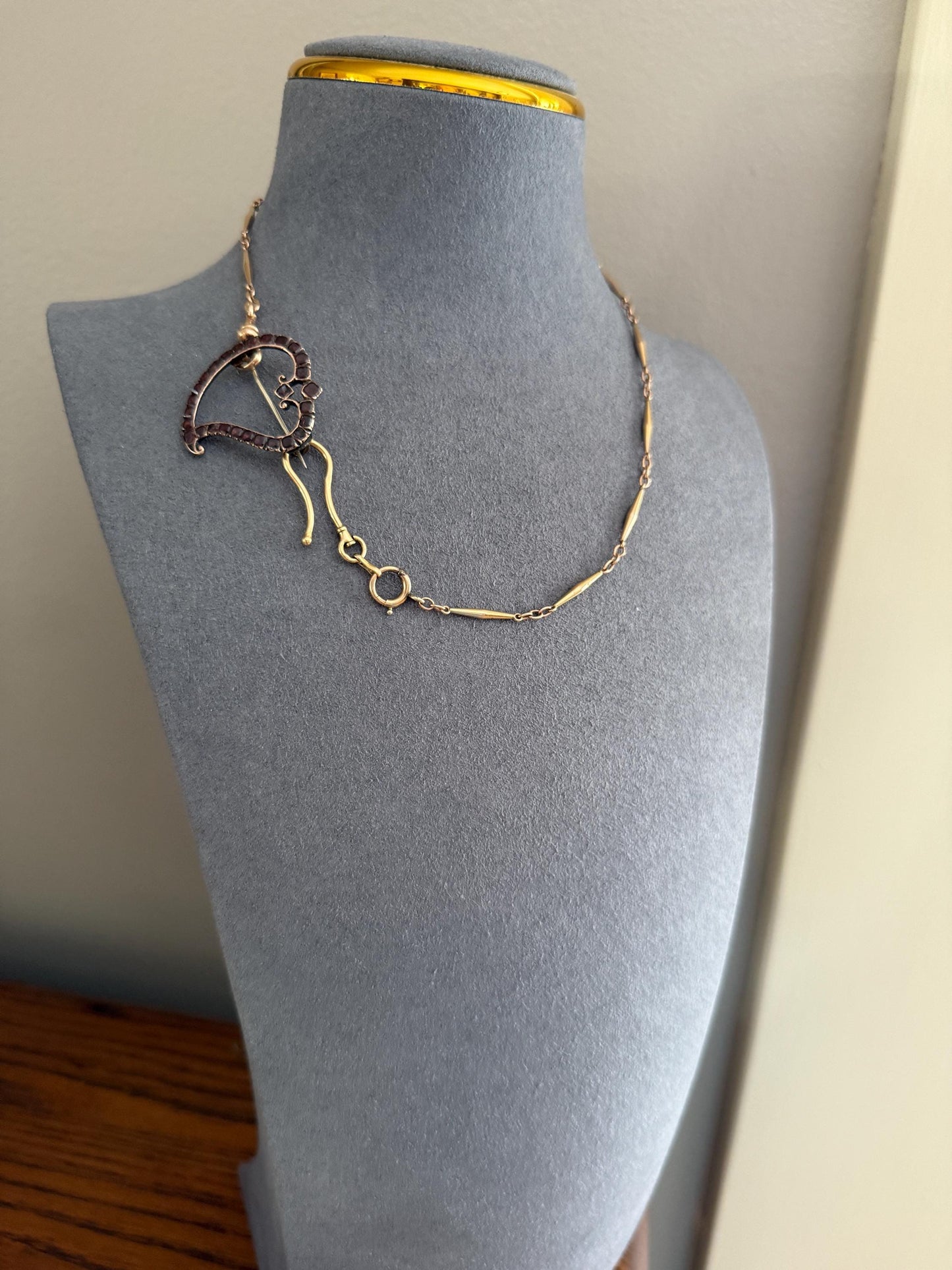 Georgian Antique Crowned WITCH'S HEART Flat Cut Garnet Figural 9k Gold Brooch Pendant Charm Holder Extender Connector Romantic Gift