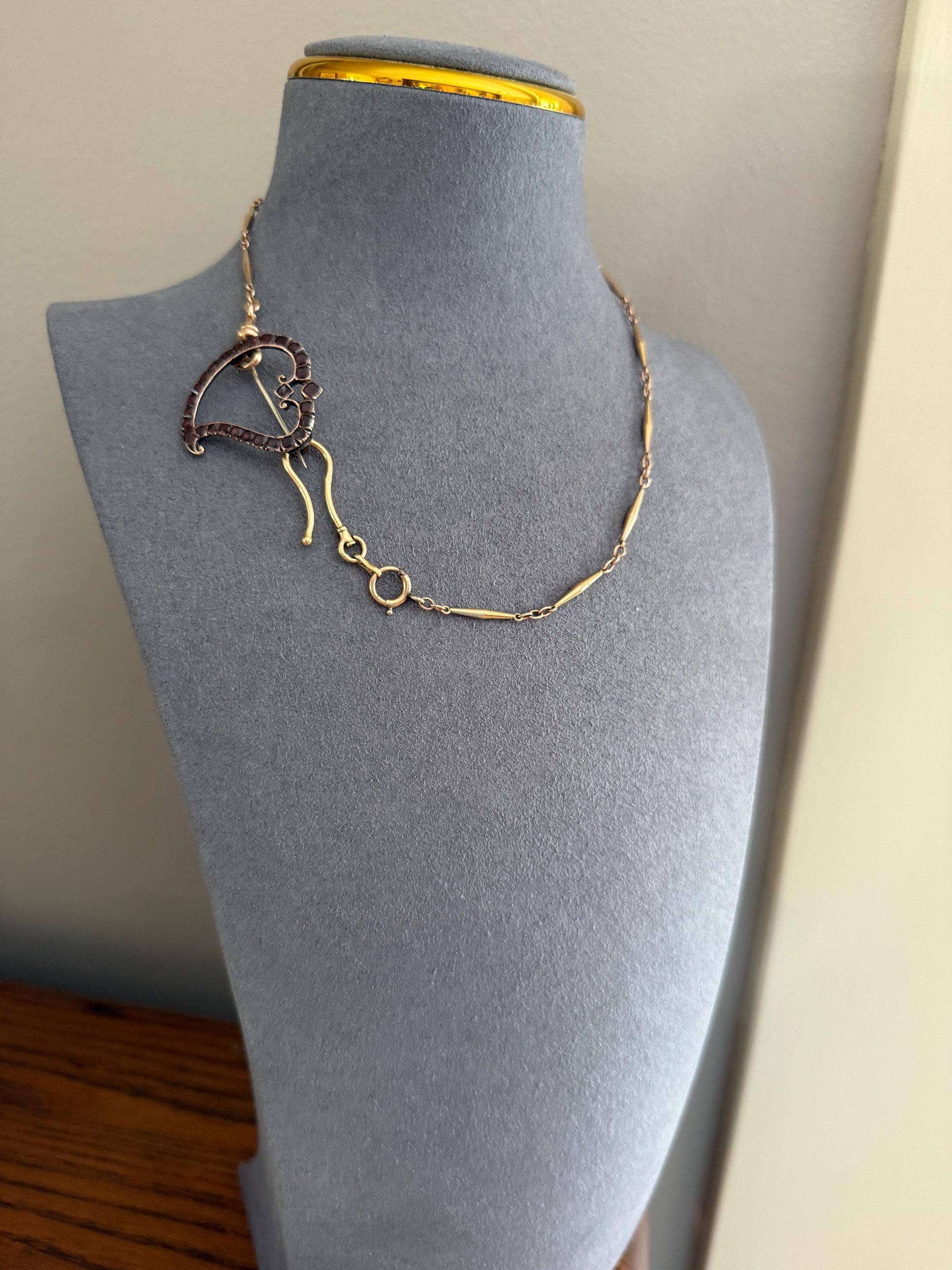 Georgian Antique Crowned WITCH'S HEART Flat Cut Garnet Figural 9k Gold Brooch Pendant Charm Holder Extender Connector Romantic Gift