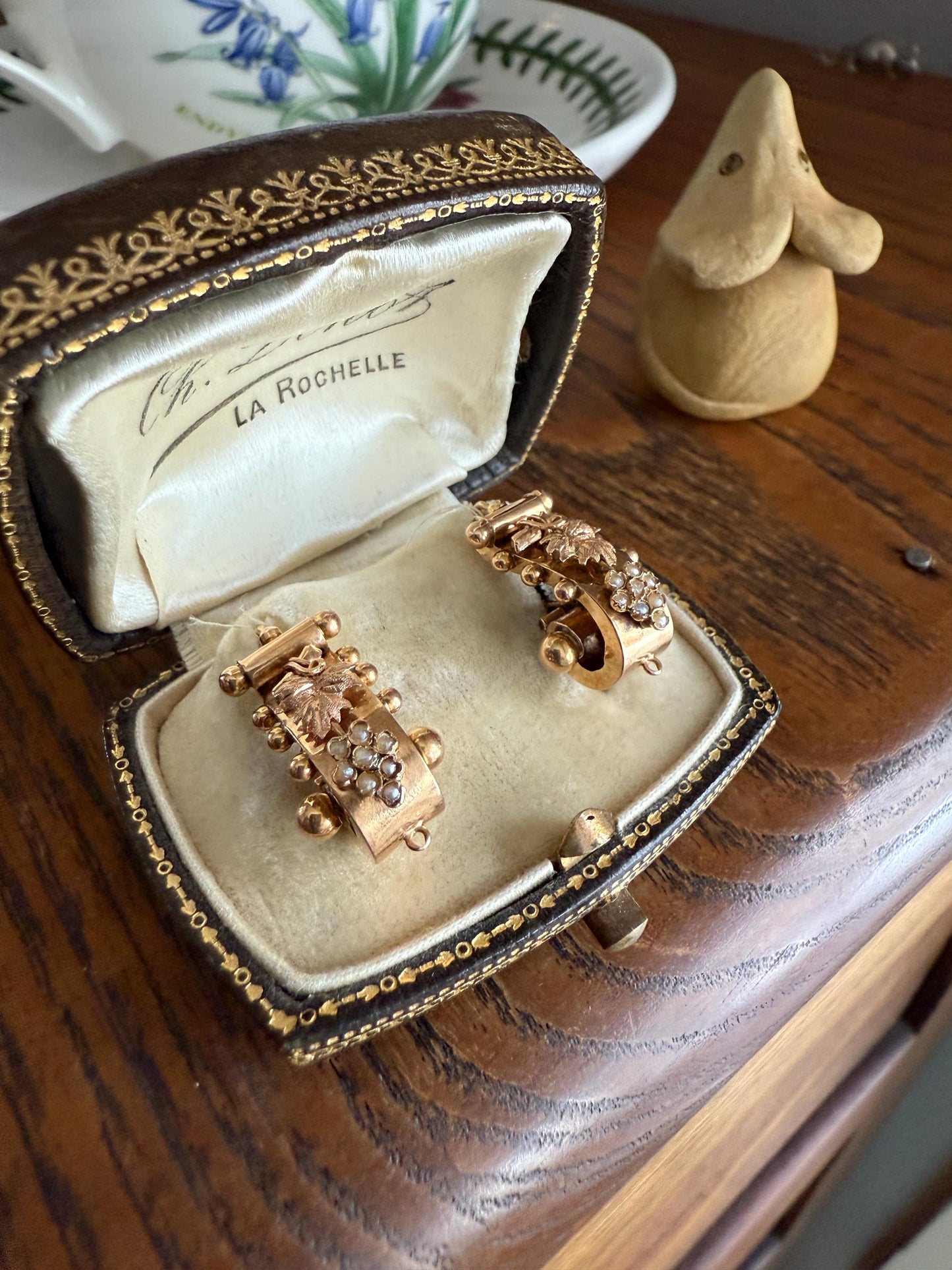 GRAPES Leaf Vine Seed Peral French Regional Antique 18k GOLD Solid Poissarde Dangle EARRINGS Ball Rivet Victorian Etruscan Gift Belle Epoque