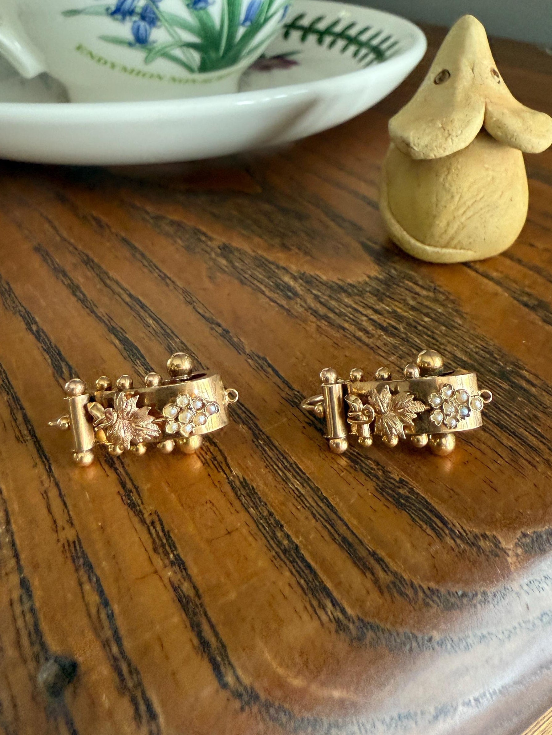 GRAPES Leaf Vine Seed Peral French Regional Antique 18k GOLD Solid Poissarde Dangle EARRINGS Ball Rivet Victorian Etruscan Gift Belle Epoque