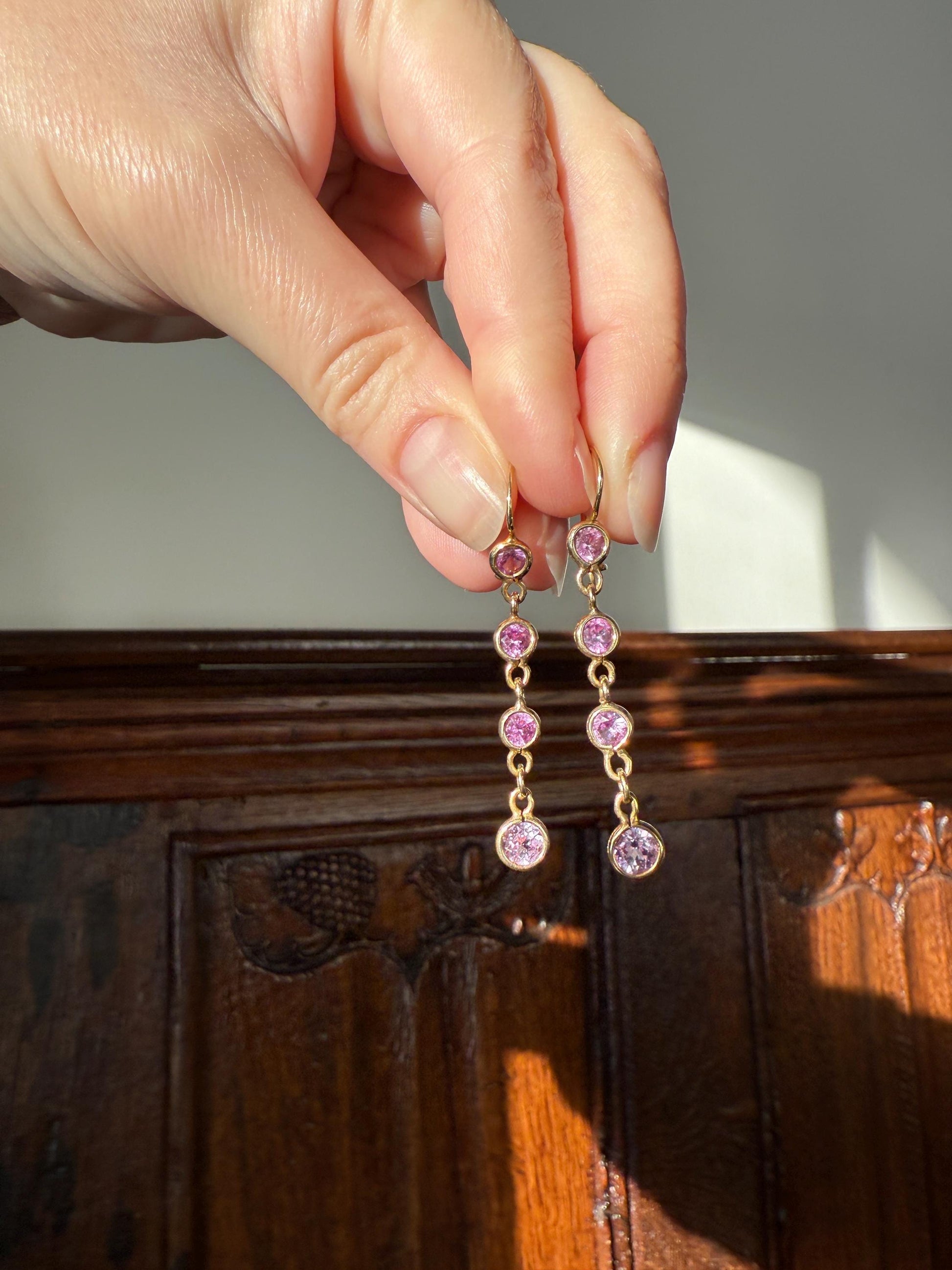 Vintage PINK SAPPHIRE 14k Gold Solid Bezel Set Dangle Earrings Linear Lilac Pastel Pink Sparkle