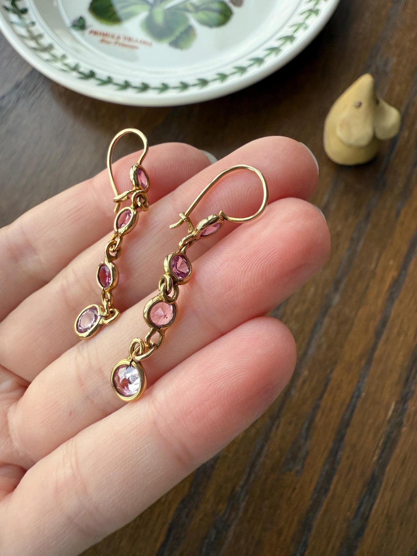 Vintage PINK SAPPHIRE 14k Gold Solid Bezel Set Dangle Earrings Linear Lilac Pastel Pink Sparkle
