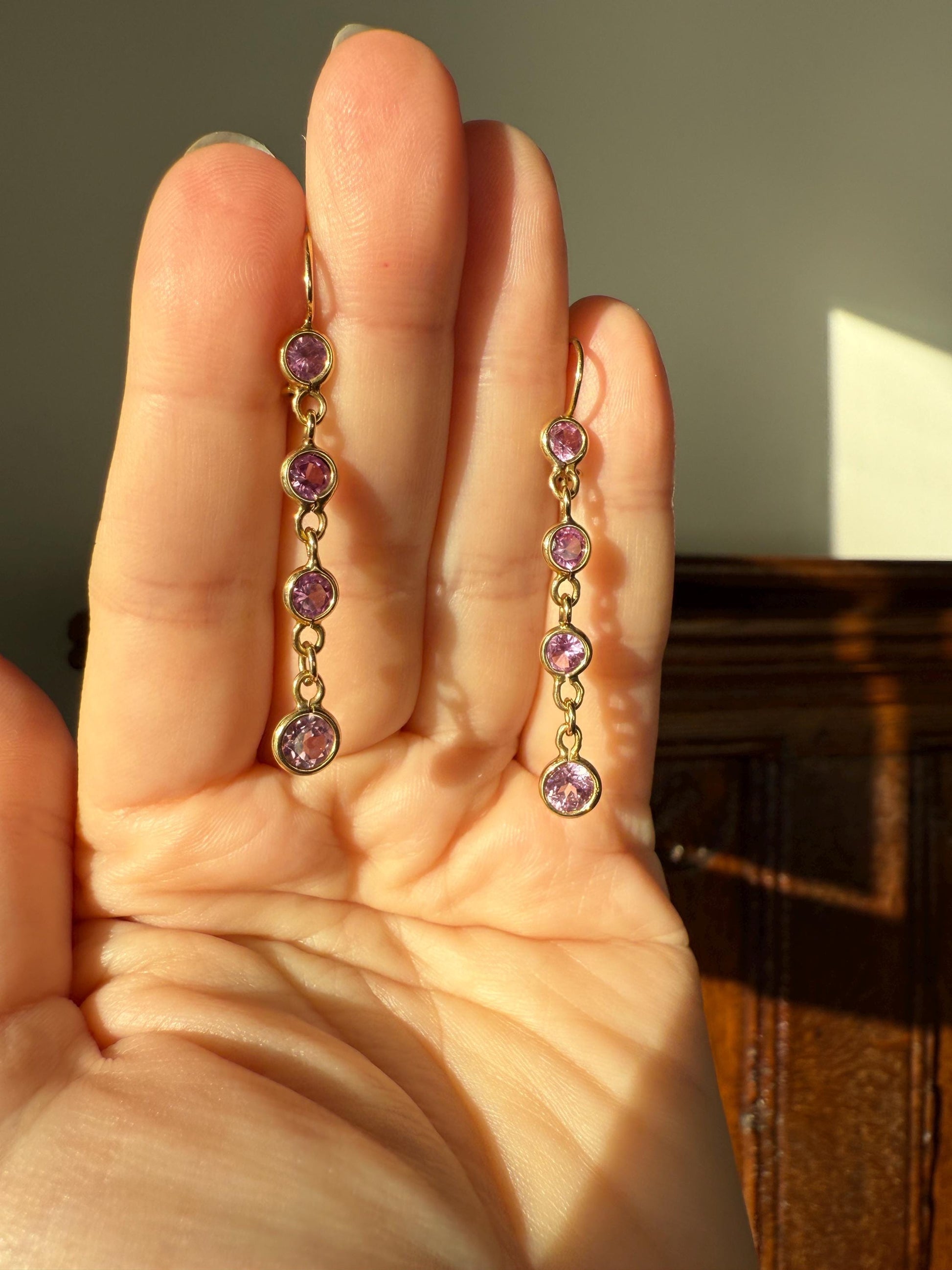 Vintage PINK SAPPHIRE 14k Gold Solid Bezel Set Dangle Earrings Linear Lilac Pastel Pink Sparkle