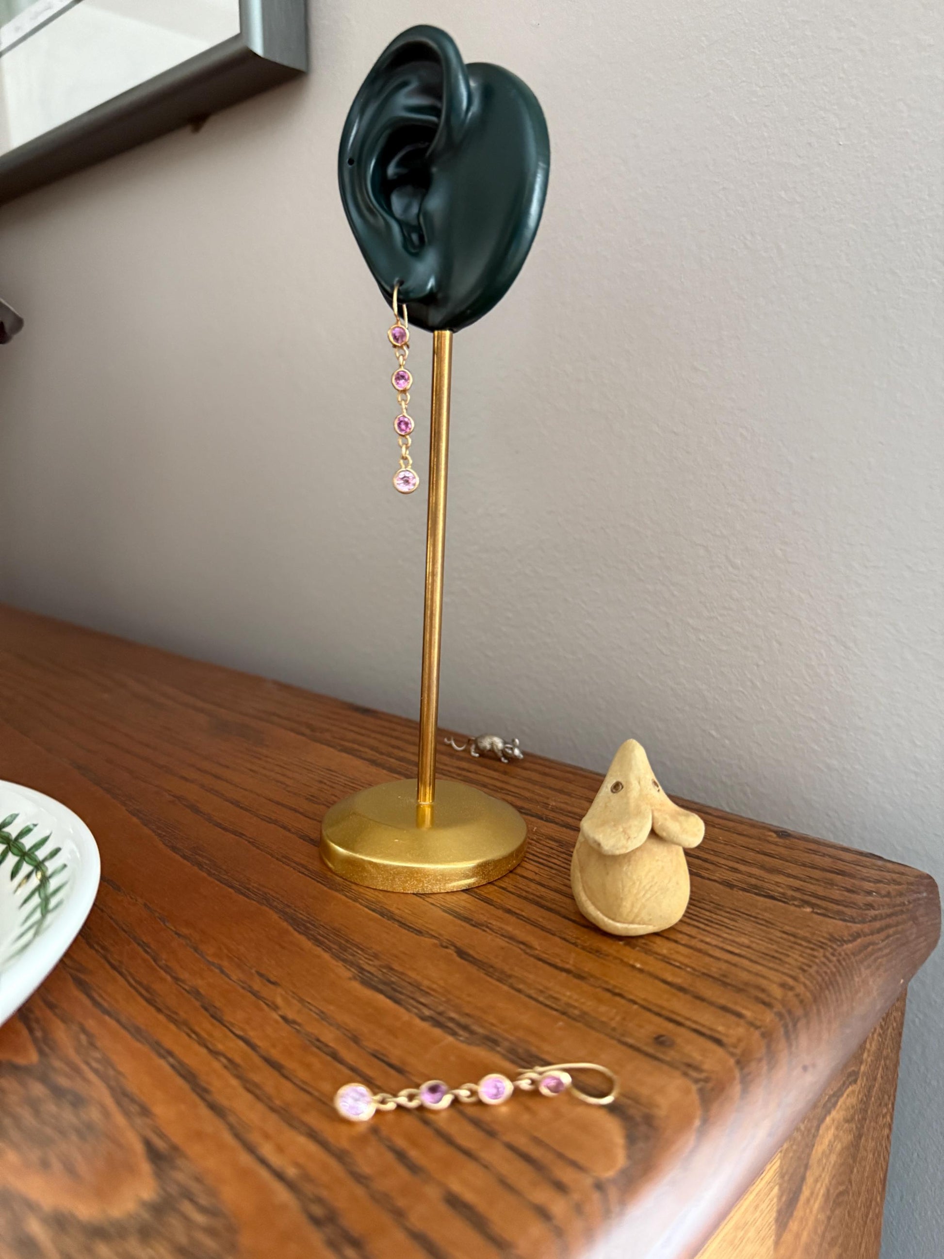 Vintage PINK SAPPHIRE 14k Gold Solid Bezel Set Dangle Earrings Linear Lilac Pastel Pink Sparkle