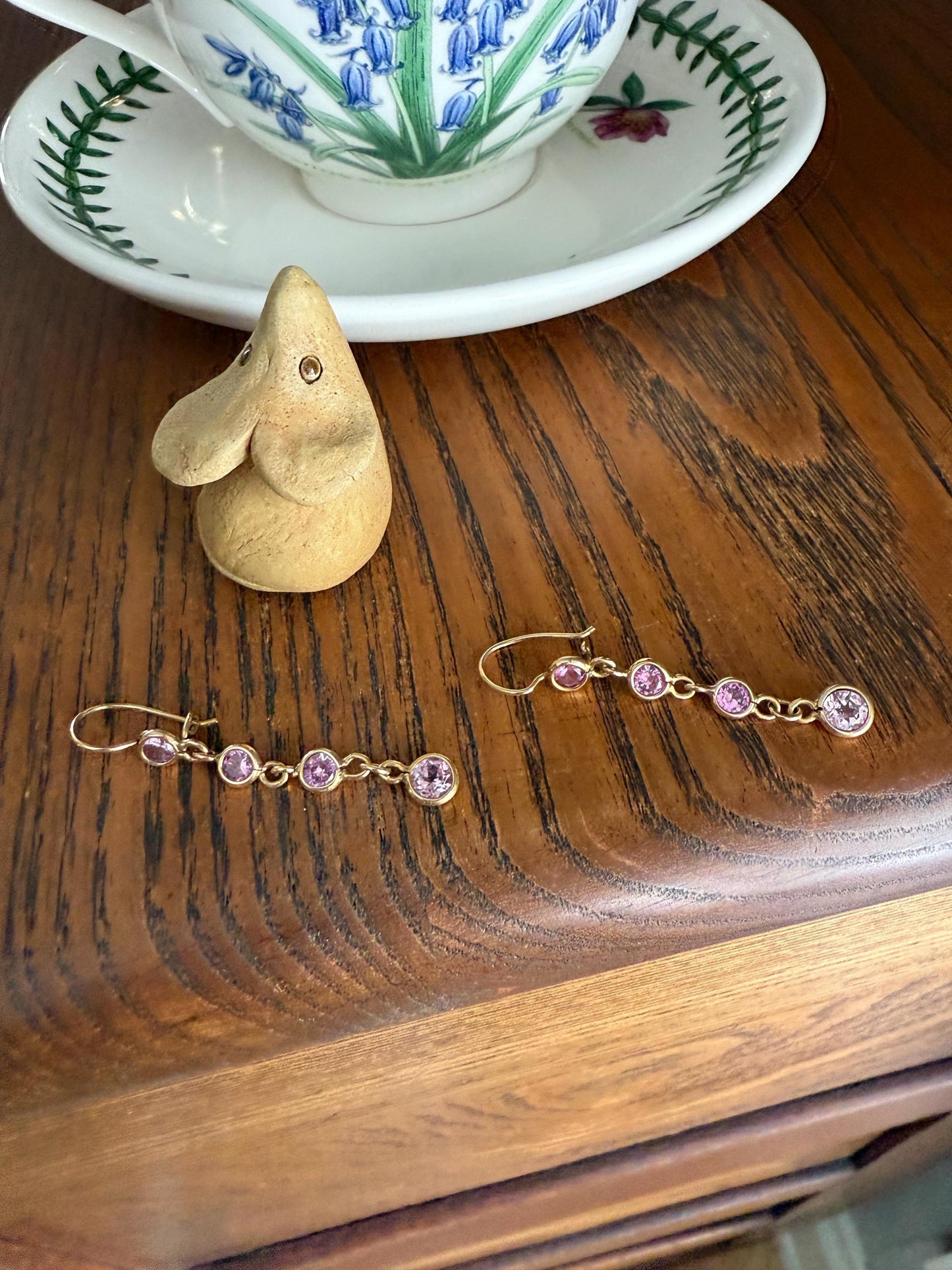 Vintage PINK SAPPHIRE 14k Gold Solid Bezel Set Dangle Earrings Linear Lilac Pastel Pink Sparkle