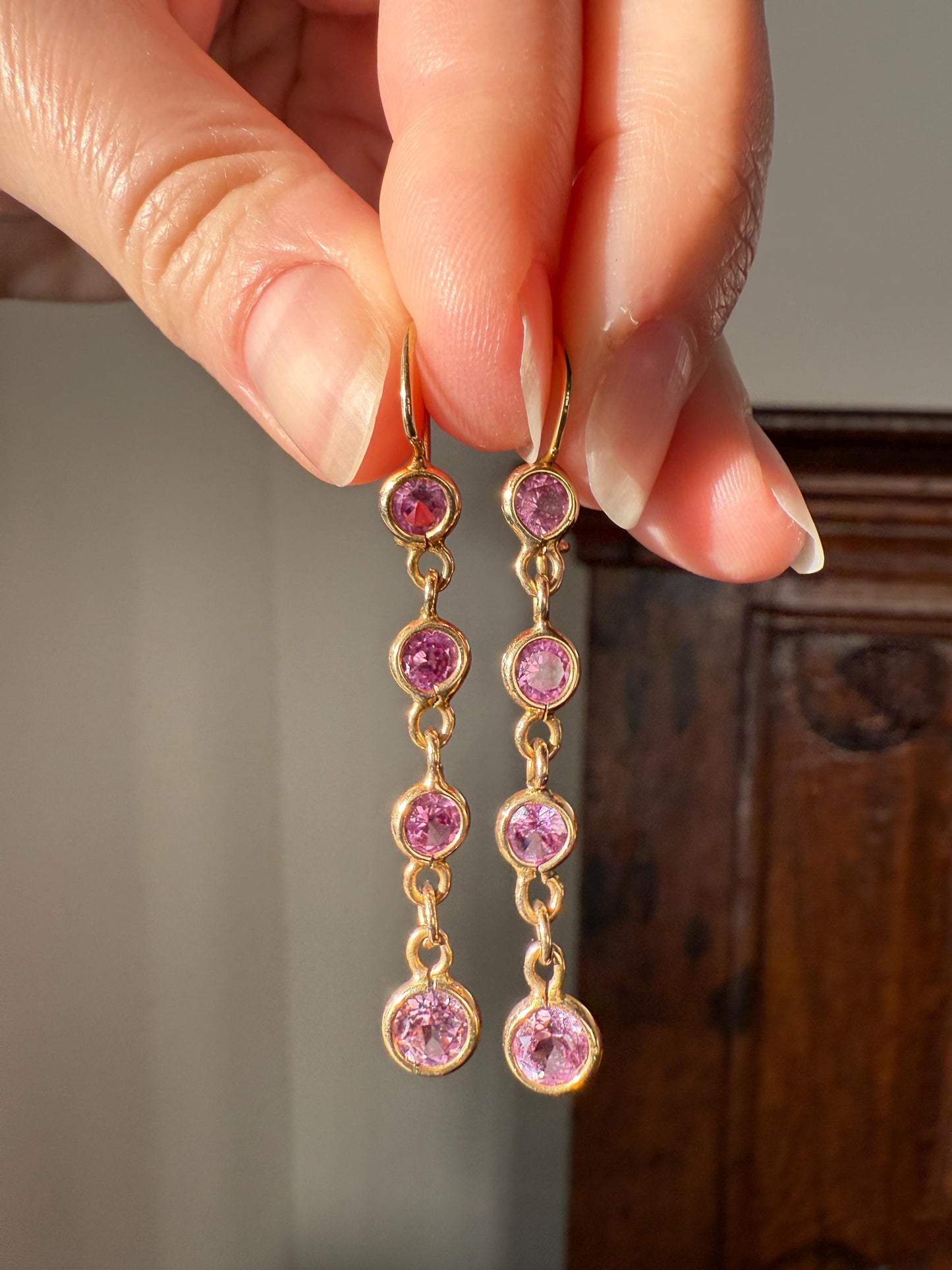 Vintage PINK SAPPHIRE 14k Gold Solid Bezel Set Dangle Earrings Linear Lilac Pastel Pink Sparkle