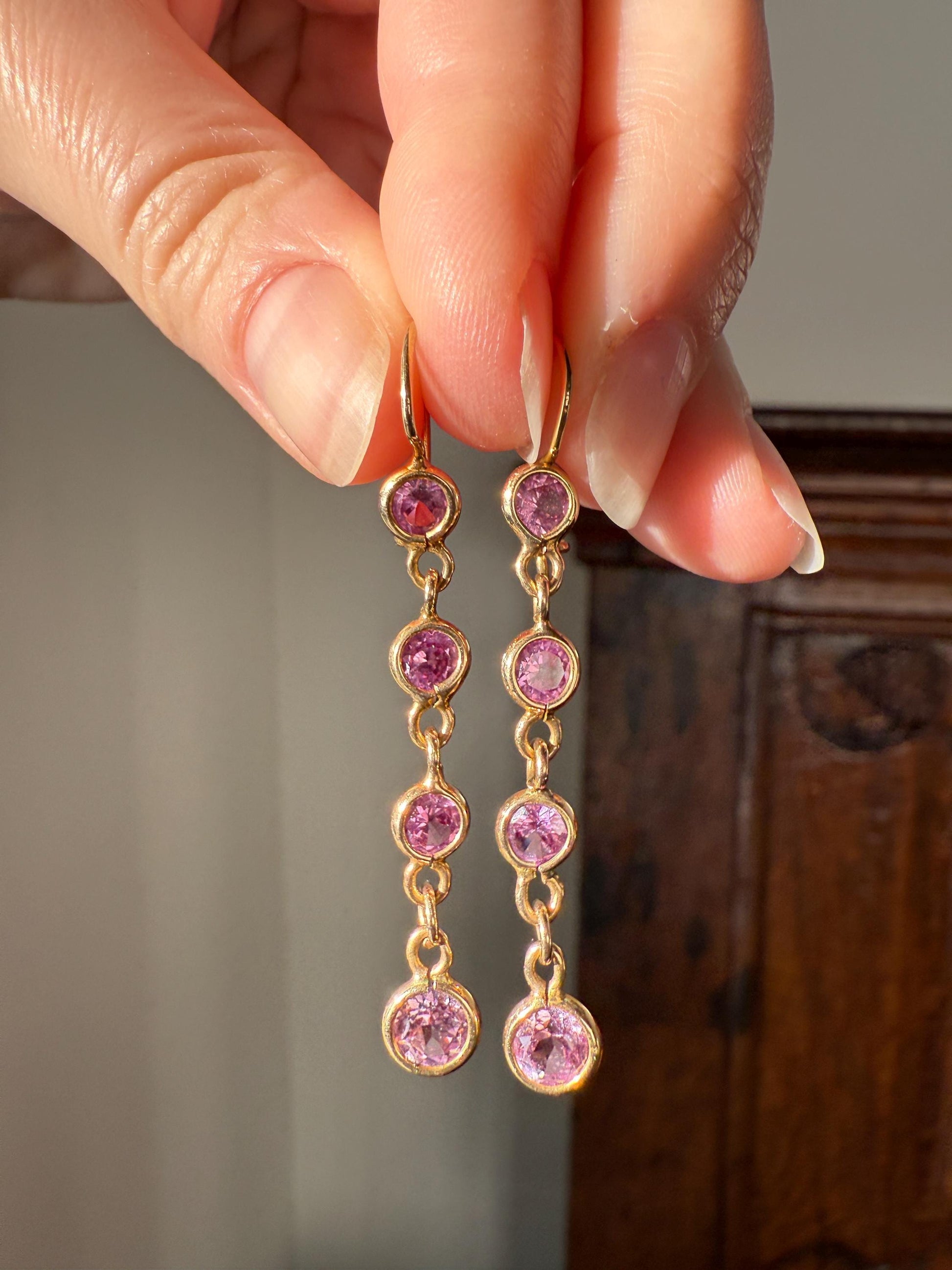 Vintage PINK SAPPHIRE 14k Gold Solid Bezel Set Dangle Earrings Linear Lilac Pastel Pink Sparkle