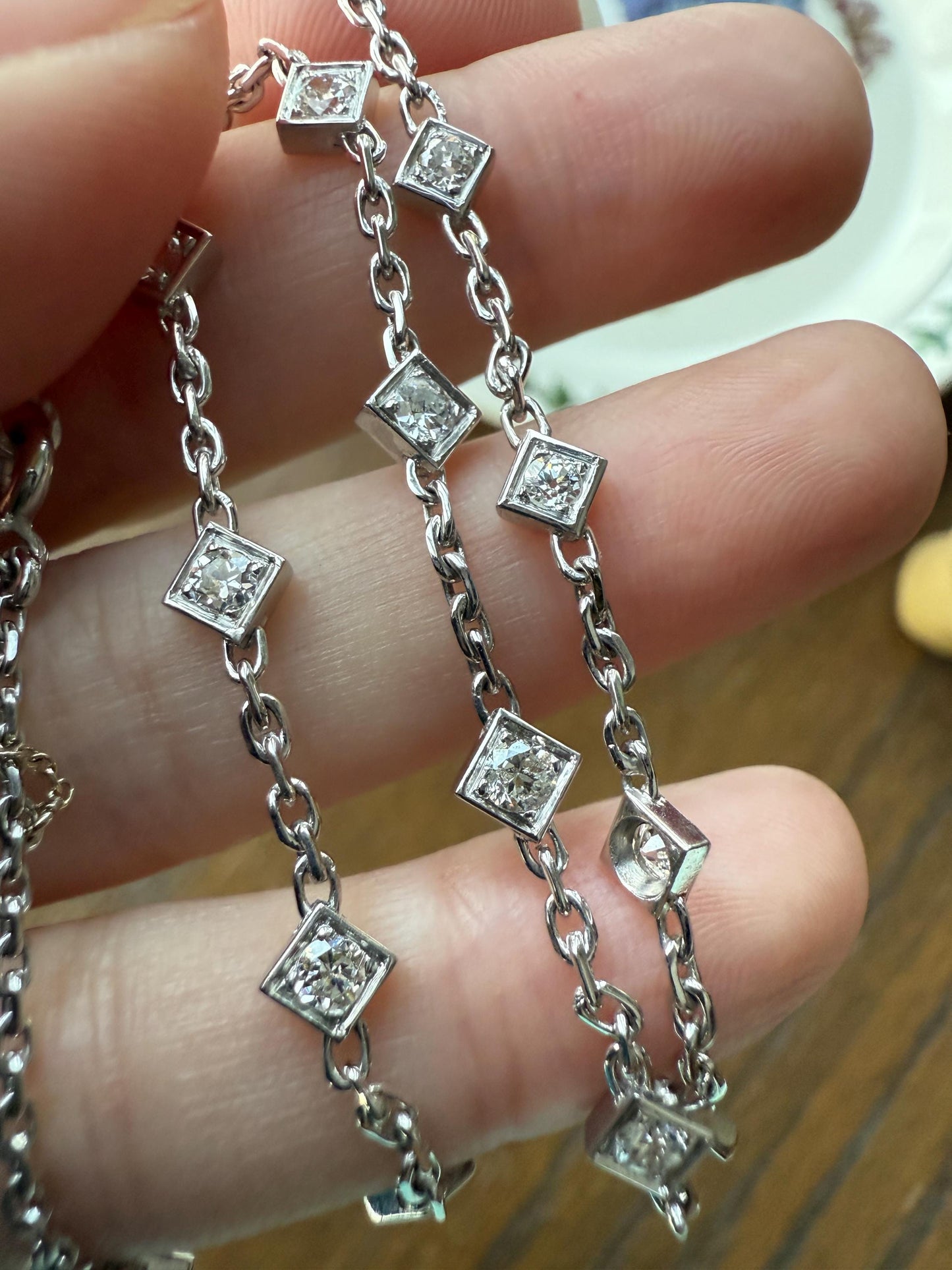 Vintage 2 Carats Natural Old Mine Cut DIAMOND Square Pendants 18k White Gold Solid Station Chain Necklace Minimalist Diamonds by the Yard