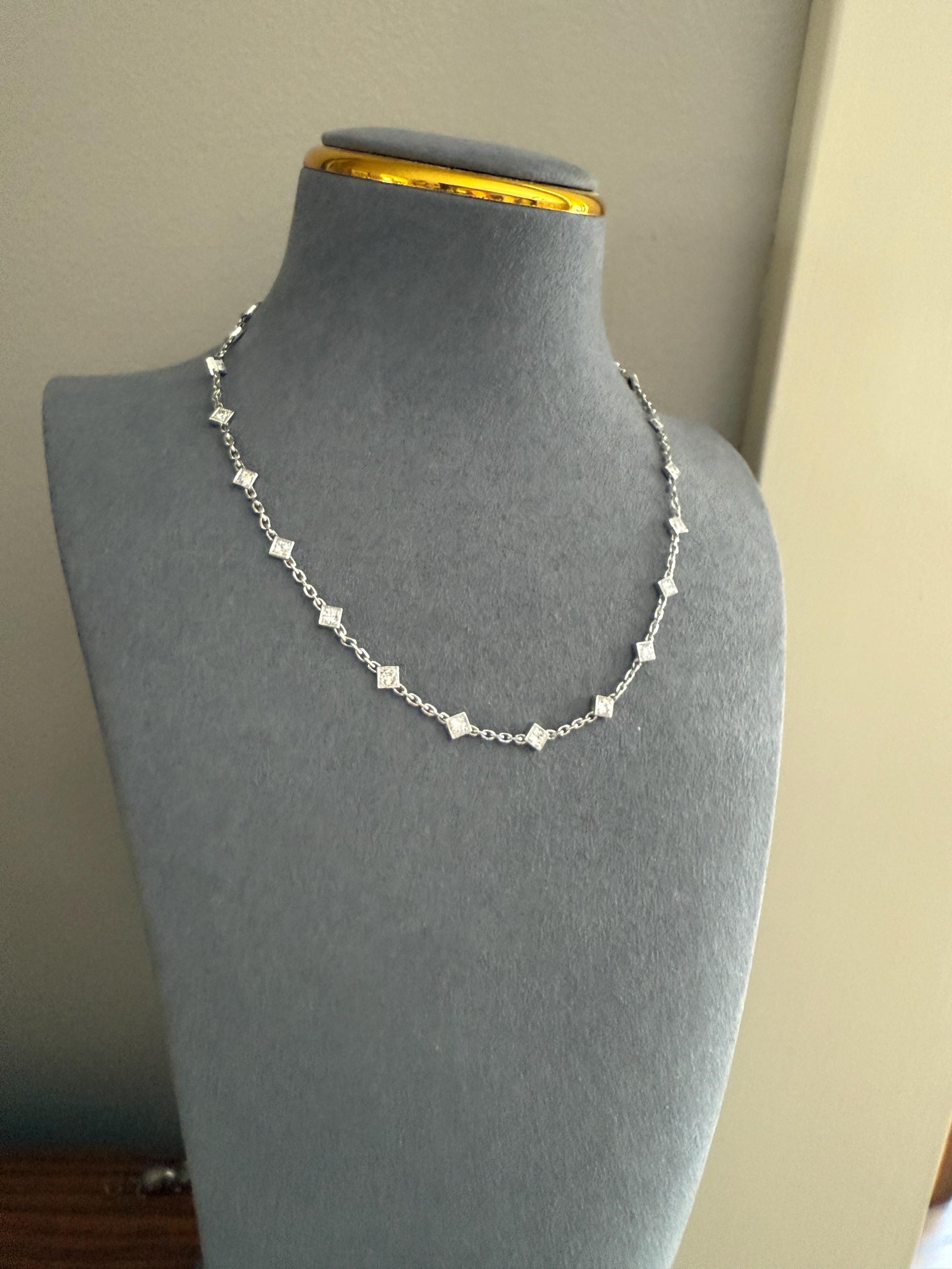 Vintage 2 Carats Natural Old Mine Cut DIAMOND Square Pendants 18k White Gold Solid Station Chain Necklace Minimalist Diamonds by the Yard