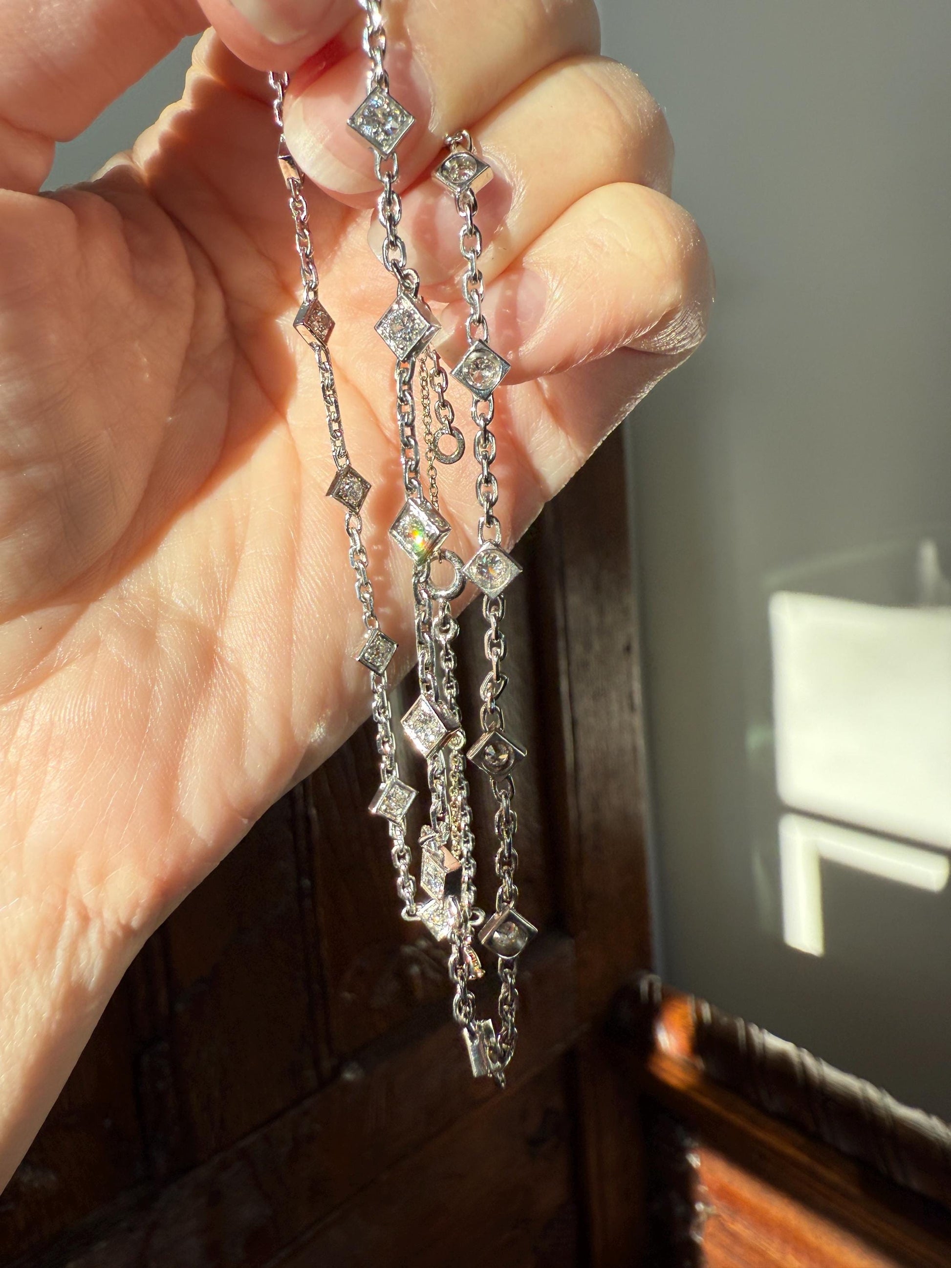 Vintage 2 Carats Natural Old Mine Cut DIAMOND Square Pendants 18k White Gold Solid Station Chain Necklace Minimalist Diamonds by the Yard