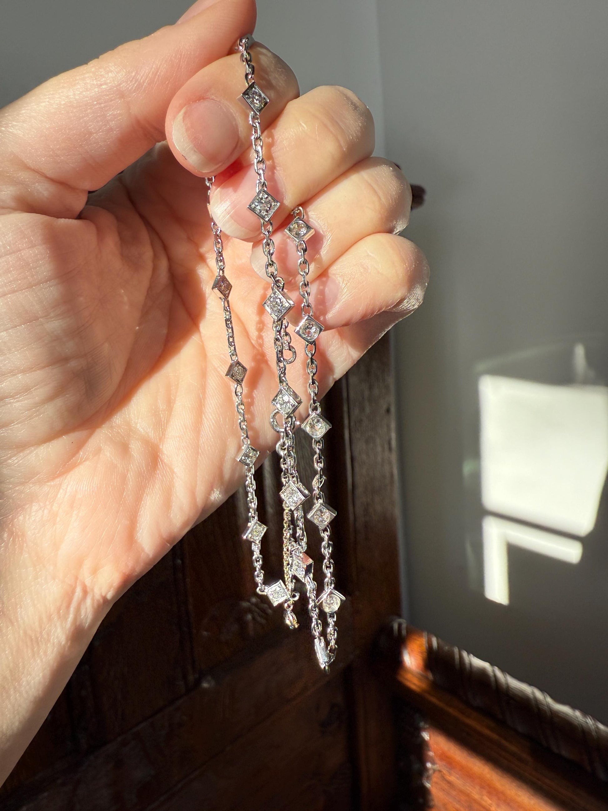 Vintage 2 Carats Natural Old Mine Cut DIAMOND Square Pendants 18k White Gold Solid Station Chain Necklace Minimalist Diamonds by the Yard