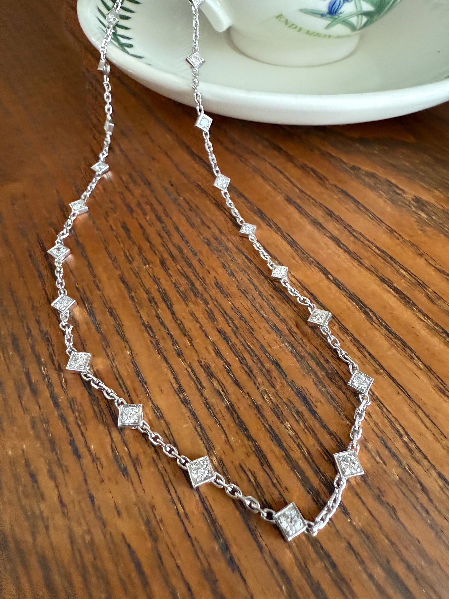 Vintage 2 Carats Natural Old Mine Cut DIAMOND Square Pendants 18k White Gold Solid Station Chain Necklace Minimalist Diamonds by the Yard