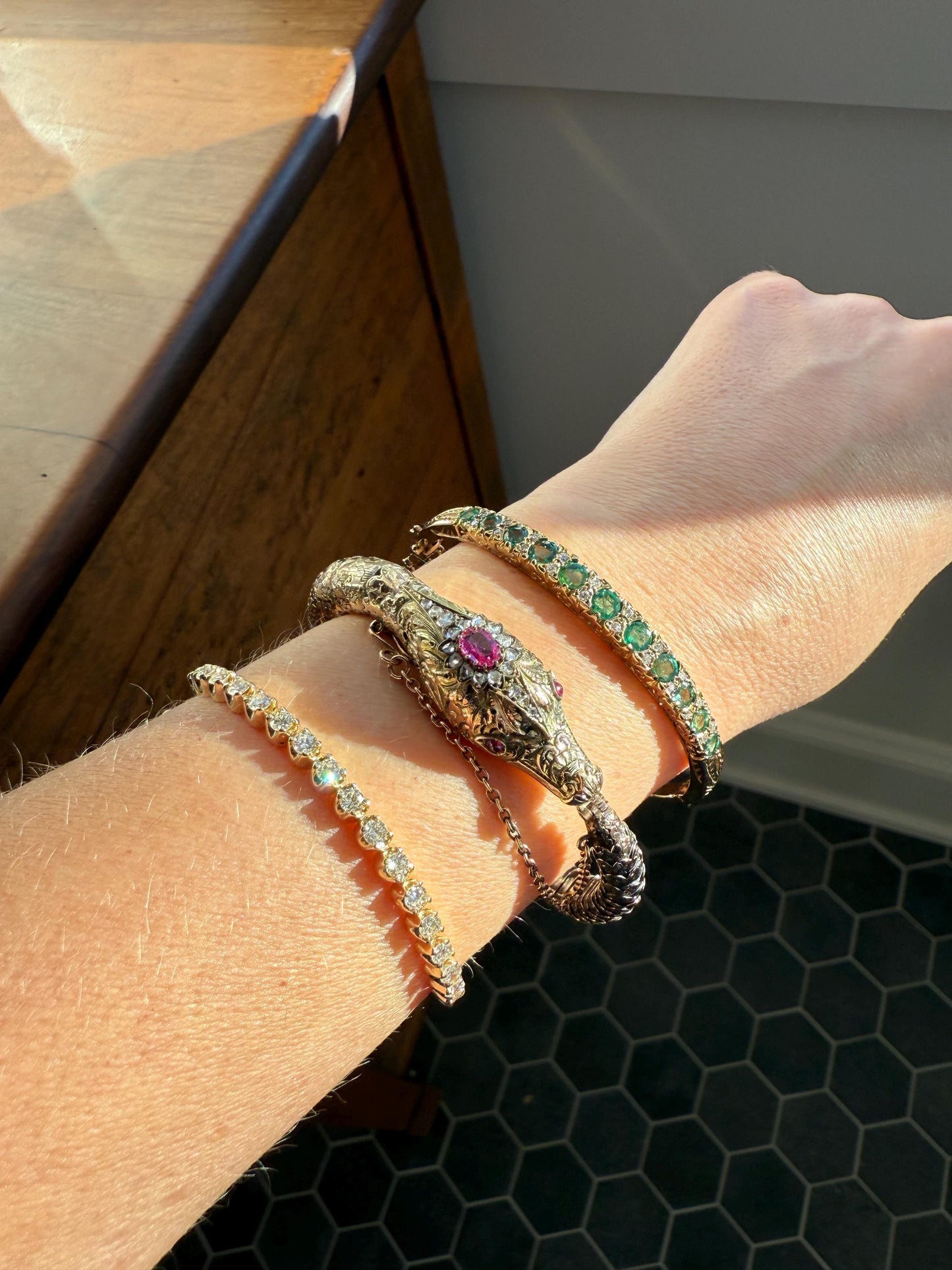 HEAVY ! Antique Ouroboros SNAKE Articulating Bracelet 43g 14k GOLD Chunky Teeth Ruby Eyes Head Rose Cut Diamond Halo Chunky Bangle Bracelet