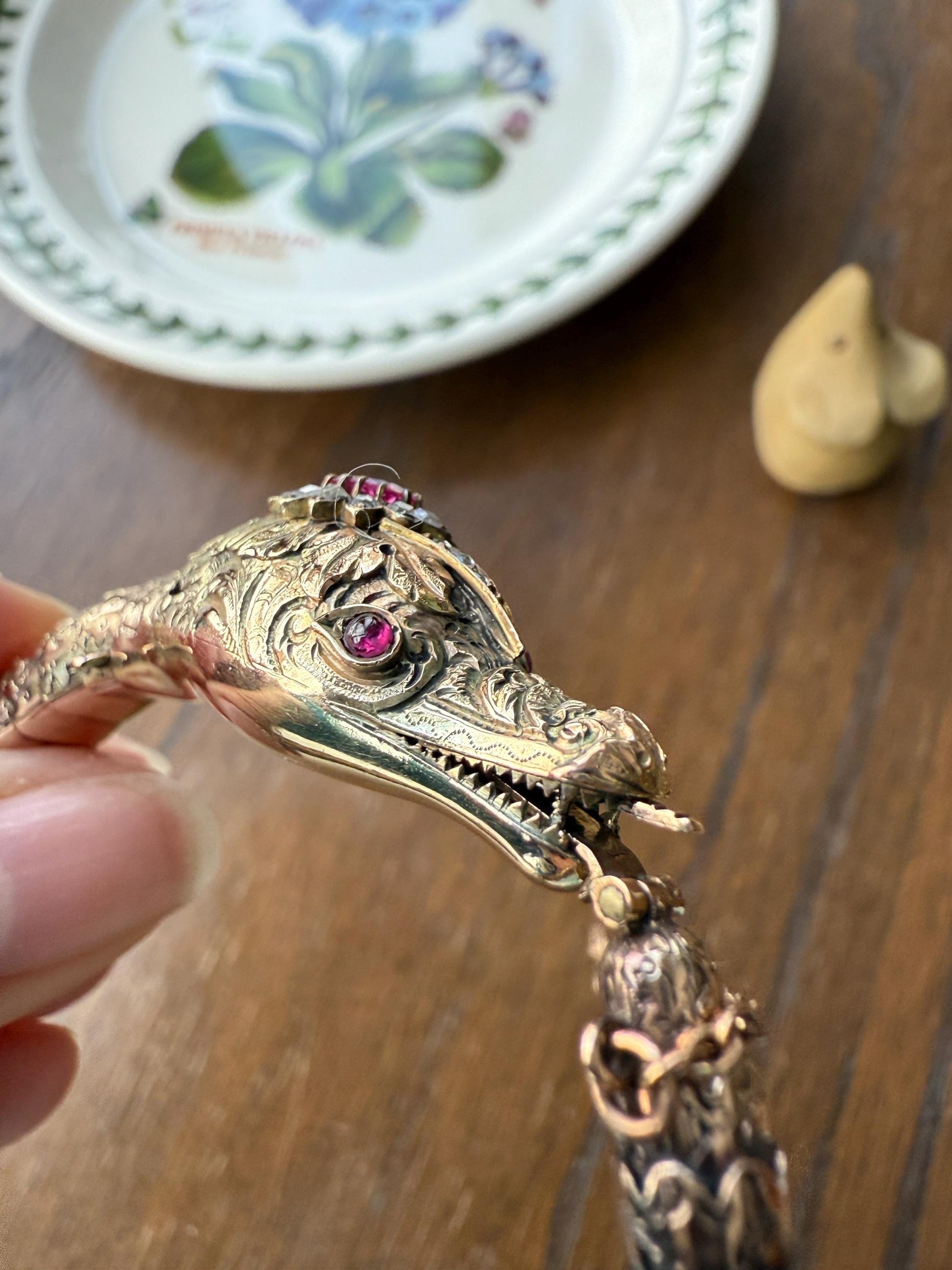 HEAVY ! Antique Ouroboros SNAKE Articulating Bracelet 43g 14k GOLD Chunky Teeth Ruby Eyes Head Rose Cut Diamond Halo Chunky Bangle Bracelet