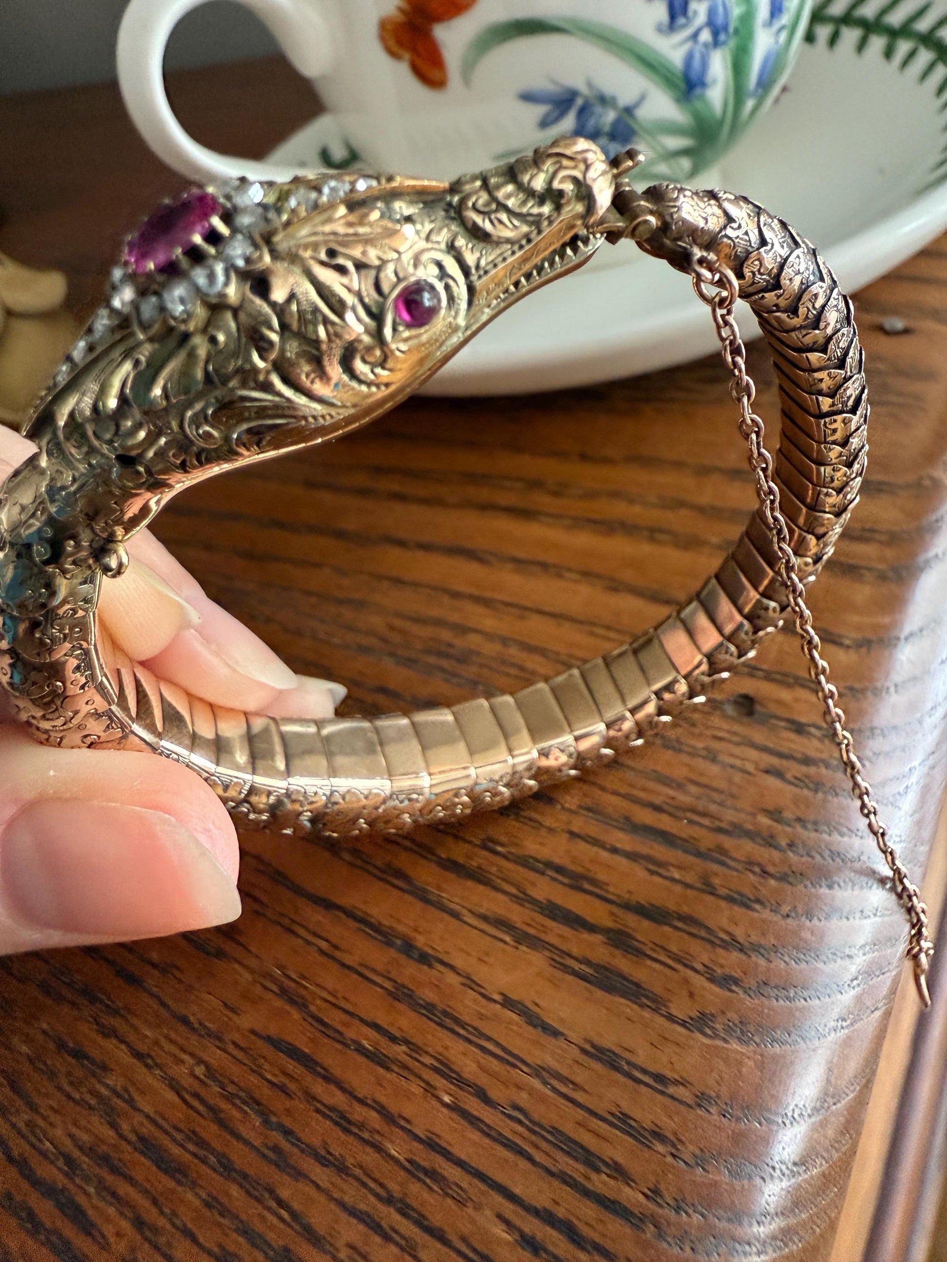 HEAVY ! Antique Ouroboros SNAKE Articulating Bracelet 43g 14k GOLD Chunky Teeth Ruby Eyes Head Rose Cut Diamond Halo Chunky Bangle Bracelet