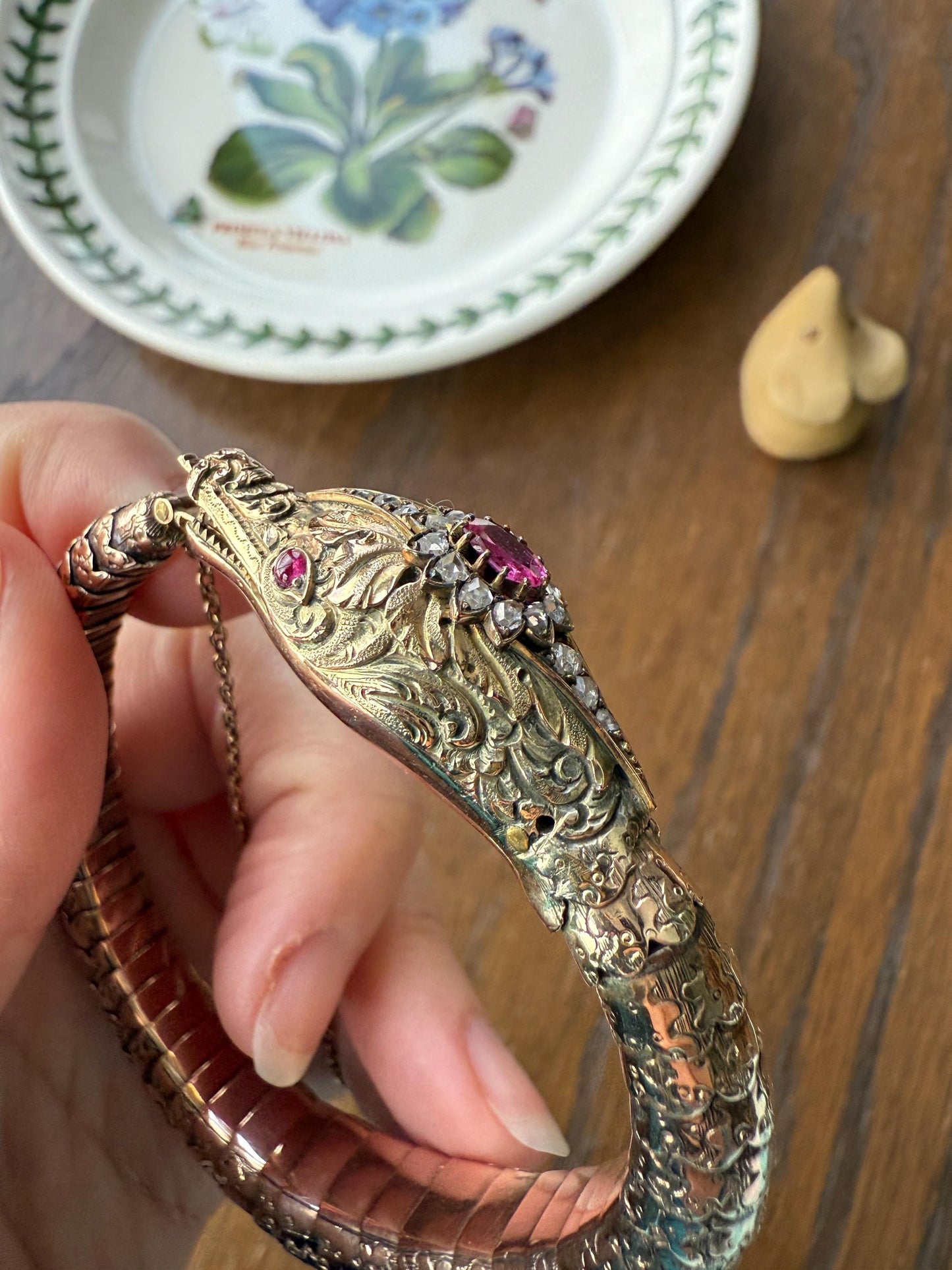 HEAVY ! Antique Ouroboros SNAKE Articulating Bracelet 43g 14k GOLD Chunky Teeth Ruby Eyes Head Rose Cut Diamond Halo Chunky Bangle Bracelet