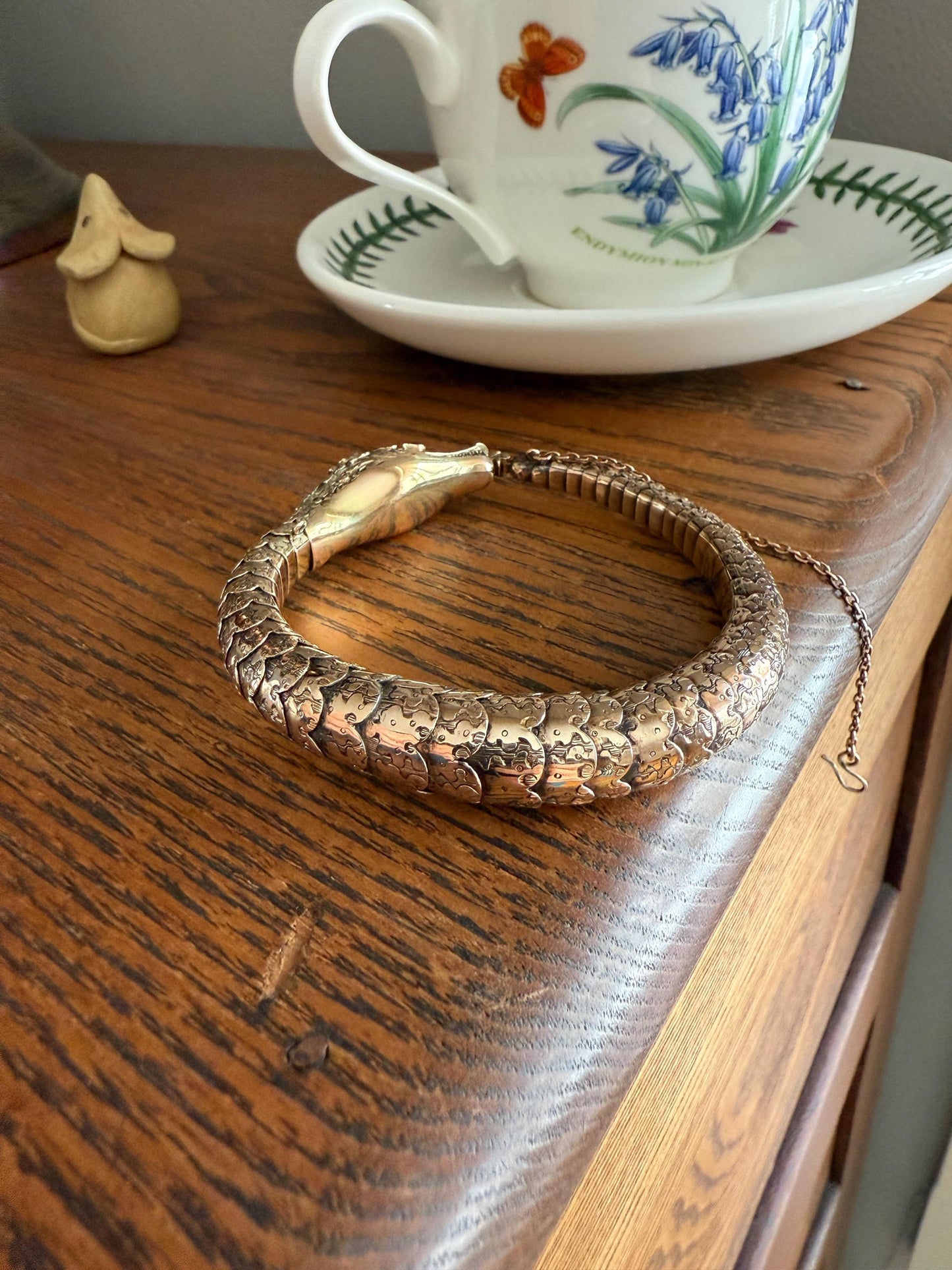 HEAVY ! Antique Ouroboros SNAKE Articulating Bracelet 43g 14k GOLD Chunky Teeth Ruby Eyes Head Rose Cut Diamond Halo Chunky Bangle Bracelet