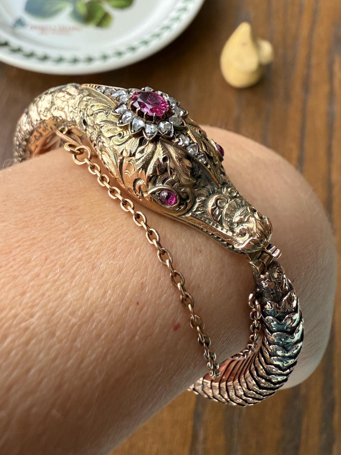 HEAVY ! Antique Ouroboros SNAKE Articulating Bracelet 43g 14k GOLD Chunky Teeth Ruby Eyes Head Rose Cut Diamond Halo Chunky Bangle Bracelet