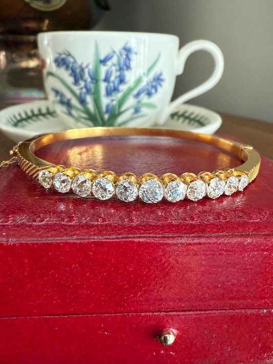 Antique 4 CARAT Old Mine Cut DIAMOND Hinged Bangle 11 Stone Line Bracelet 18k Gold Victorian 4Ctw OMC Stacker