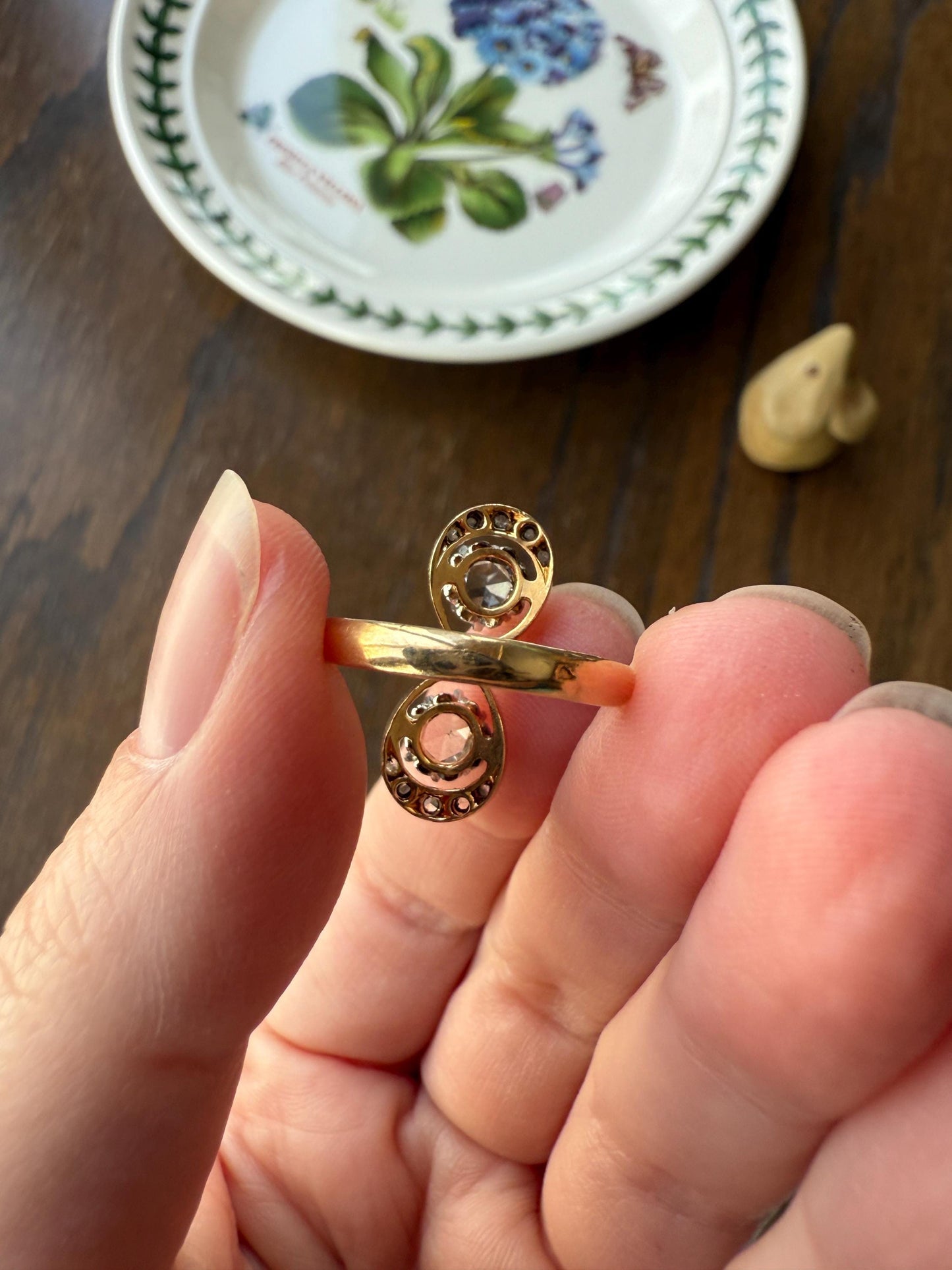 Belle Epoque Antique Rose Cut DIAMOND Toi et Moi Ring 1.5 Carat Face Up 18k Gold Victorian Infinity Figure 8 Swirl Art Nouveau Movement