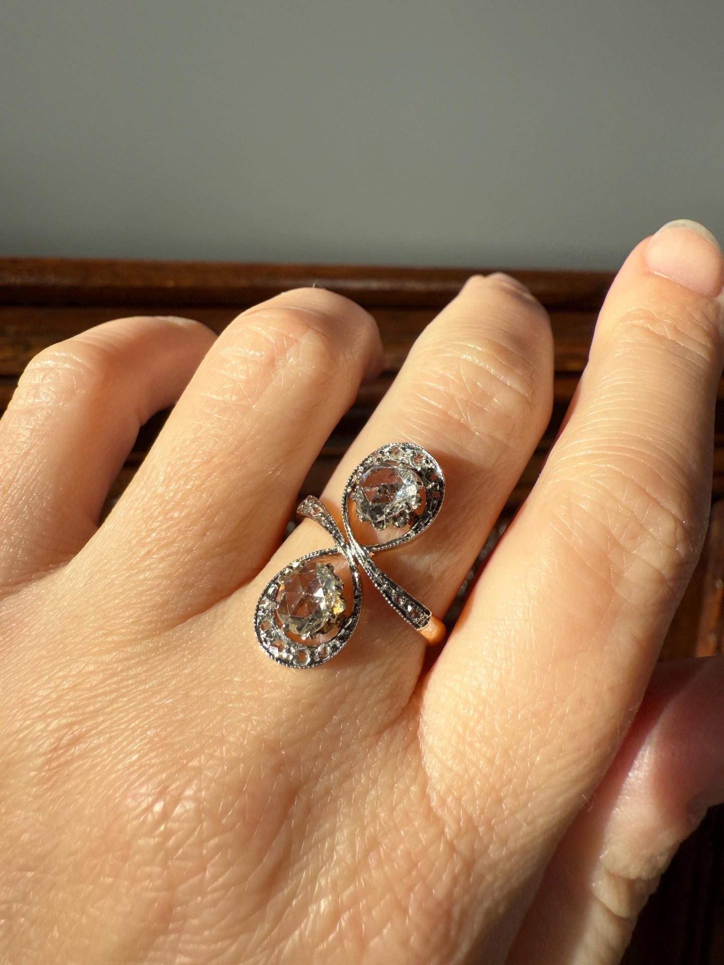 Belle Epoque Antique Rose Cut DIAMOND Toi et Moi Ring 1.5 Carat Face Up 18k Gold Victorian Infinity Figure 8 Swirl Art Nouveau Movement