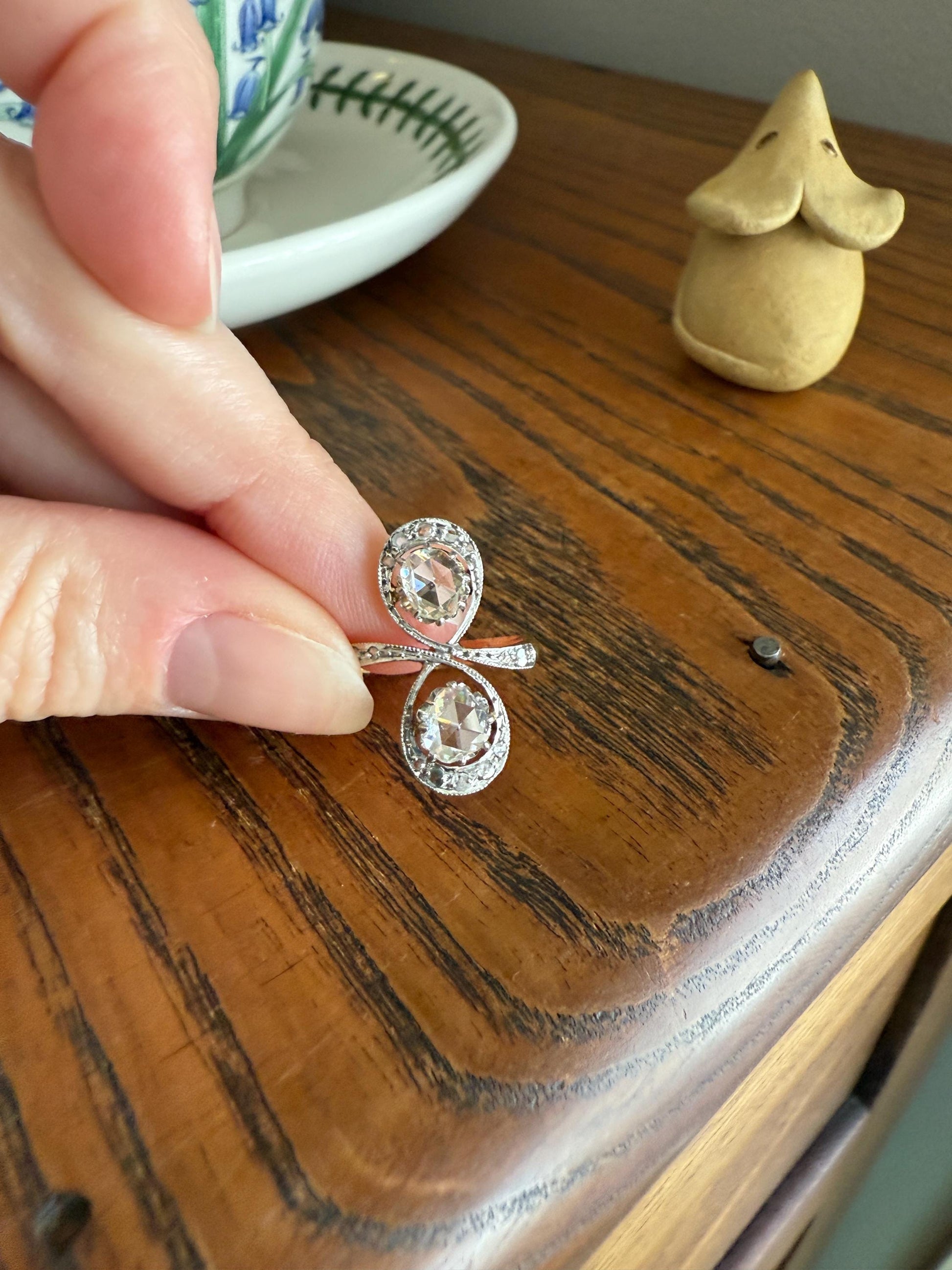 Belle Epoque Antique Rose Cut DIAMOND Toi et Moi Ring 1.5 Carat Face Up 18k Gold Victorian Infinity Figure 8 Swirl Art Nouveau Movement