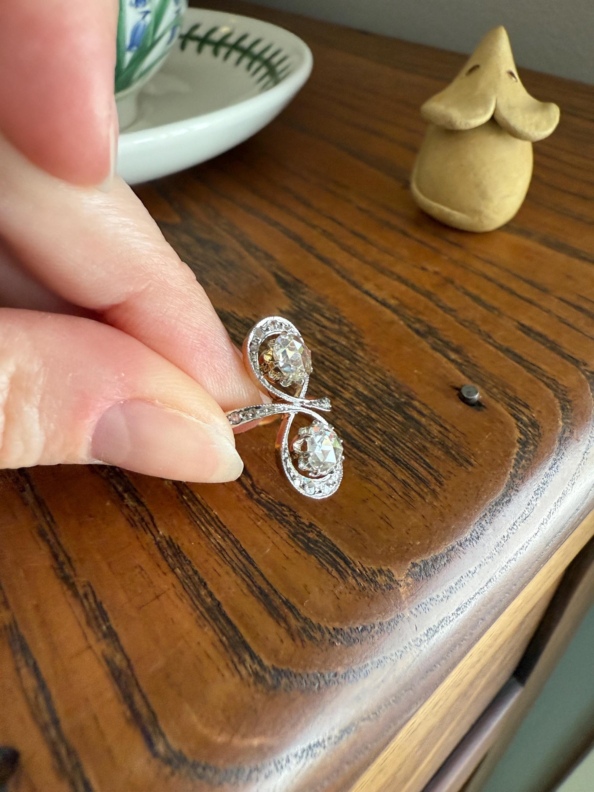 Belle Epoque Antique Rose Cut DIAMOND Toi et Moi Ring 1.5 Carat Face Up 18k Gold Victorian Infinity Figure 8 Swirl Art Nouveau Movement