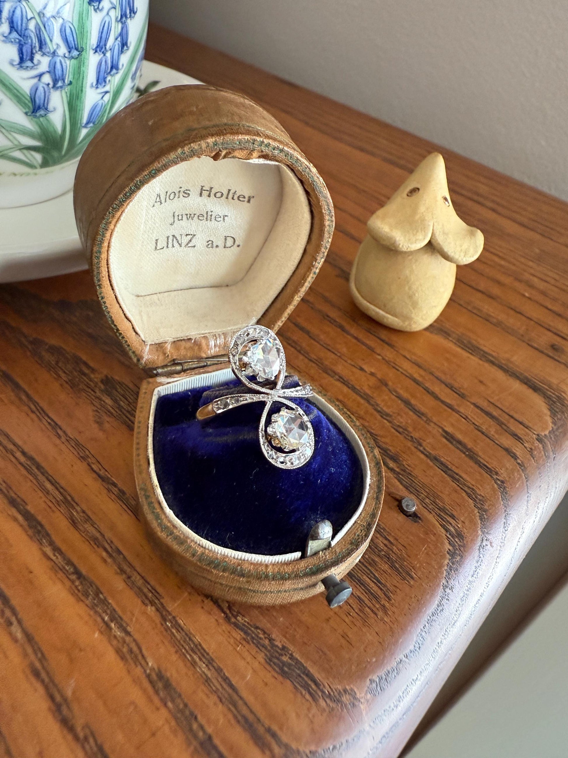 Belle Epoque Antique Rose Cut DIAMOND Toi et Moi Ring 1.5 Carat Face Up 18k Gold Victorian Infinity Figure 8 Swirl Art Nouveau Movement
