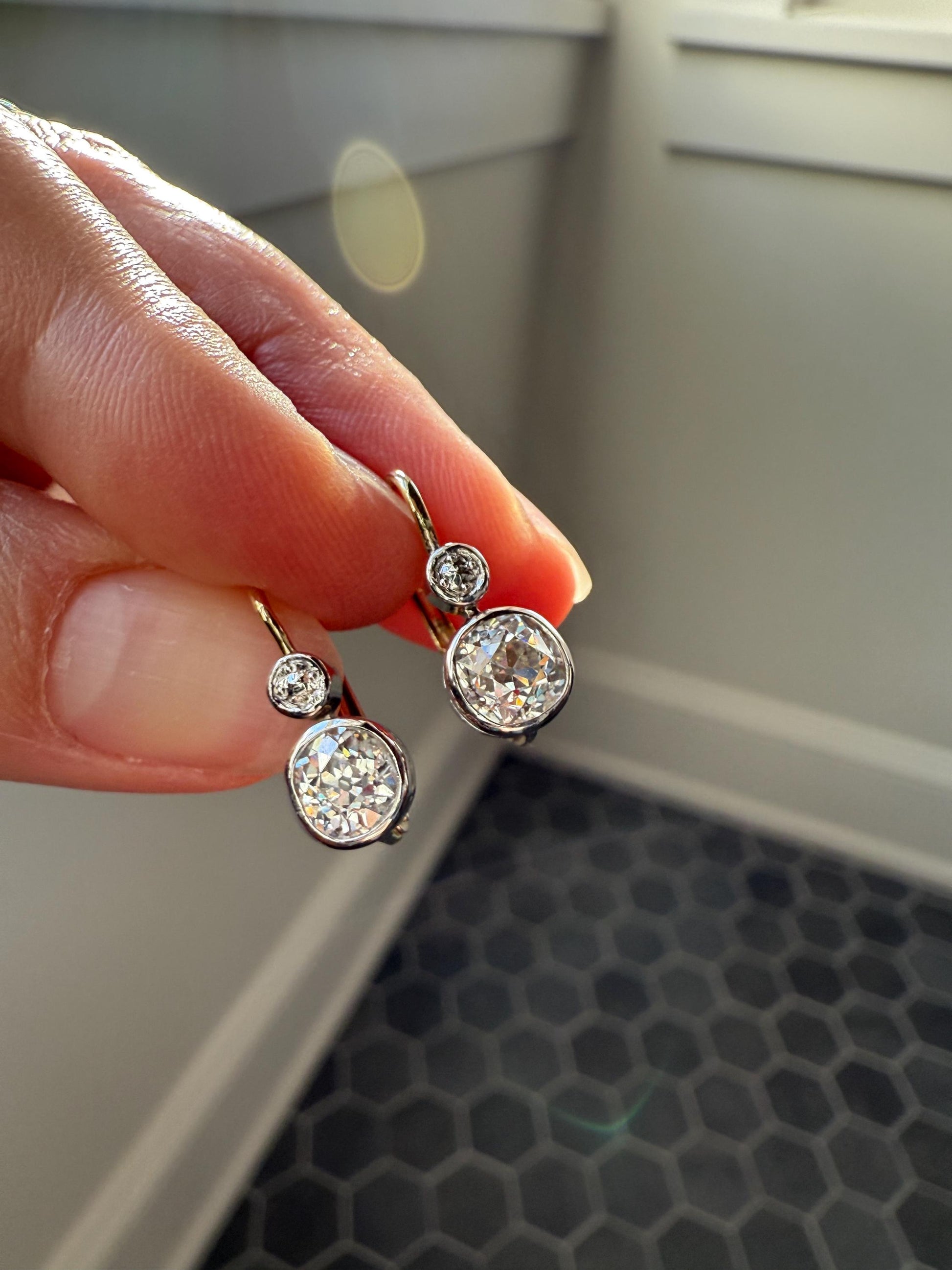 Boxed Antique 1.6 Carat Old Mine Cut DIAMOND Dormeuse Earrings Bezel Set 14k Gold Dangle Bullseye Illusion Setting