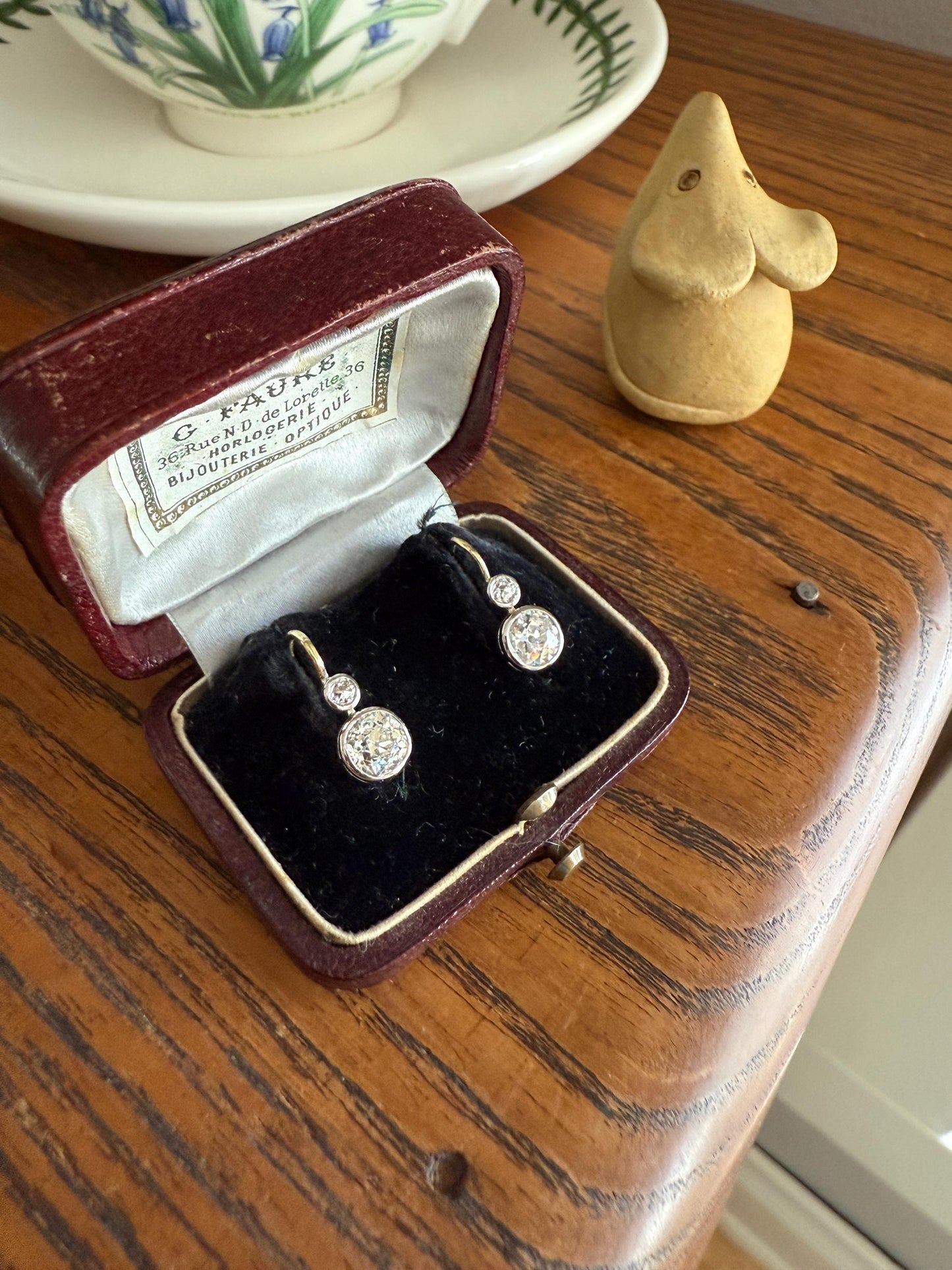 Boxed Antique 1.6 Carat Old Mine Cut DIAMOND Dormeuse Earrings Bezel Set 14k Gold Dangle Bullseye Illusion Setting
