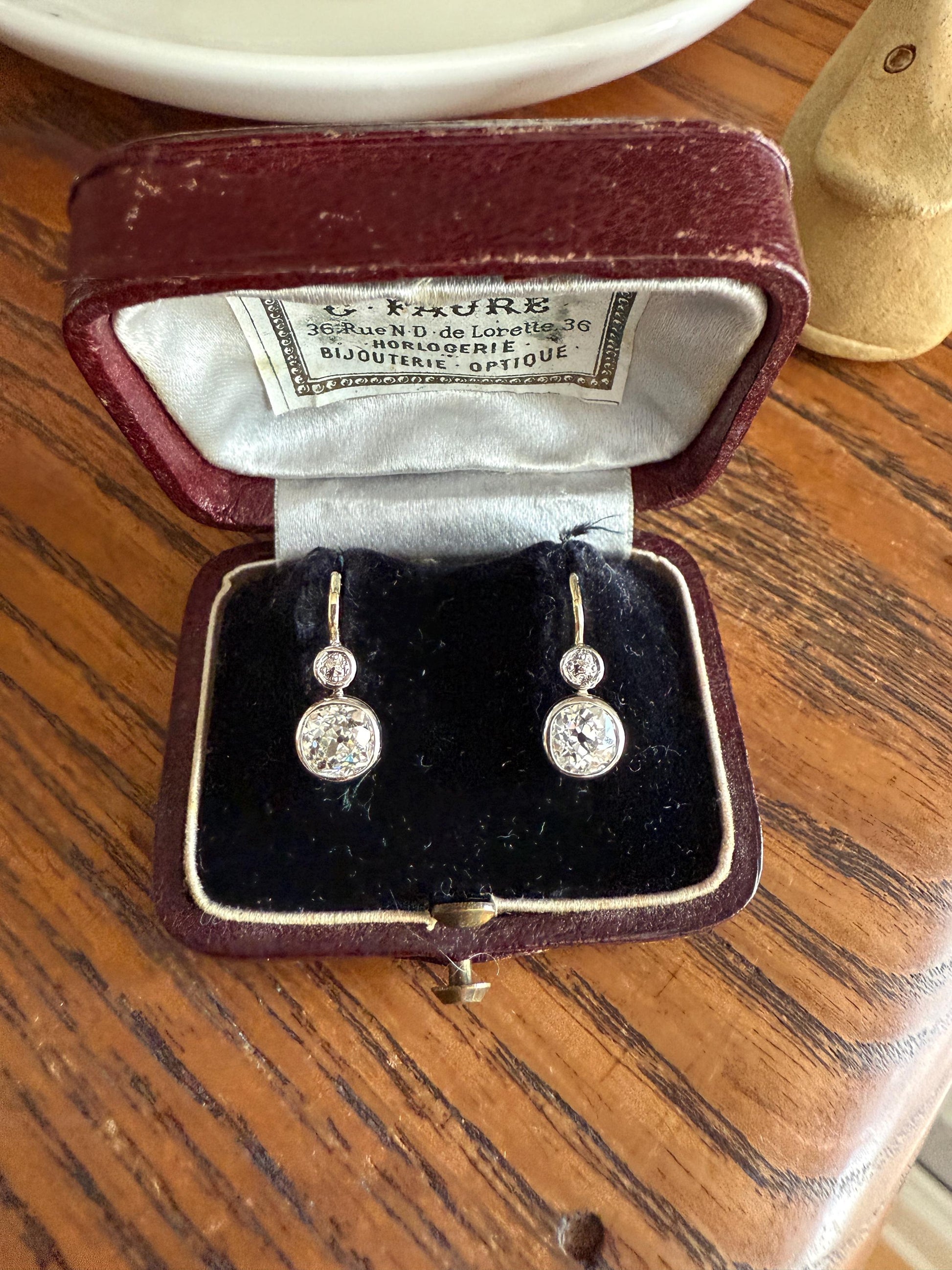Boxed Antique 1.6 Carat Old Mine Cut DIAMOND Dormeuse Earrings Bezel Set 14k Gold Dangle Bullseye Illusion Setting