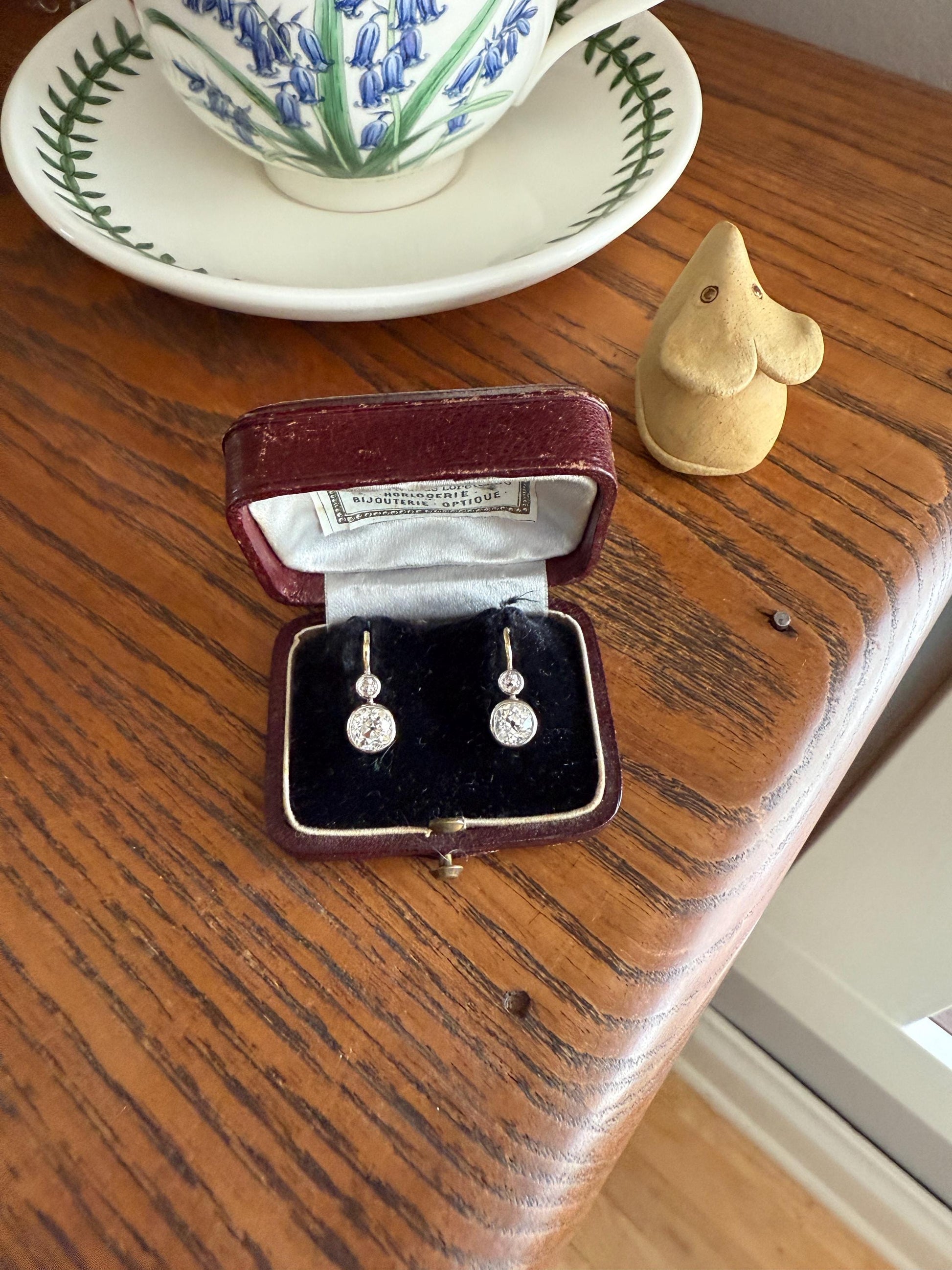 Boxed Antique 1.6 Carat Old Mine Cut DIAMOND Dormeuse Earrings Bezel Set 14k Gold Dangle Bullseye Illusion Setting