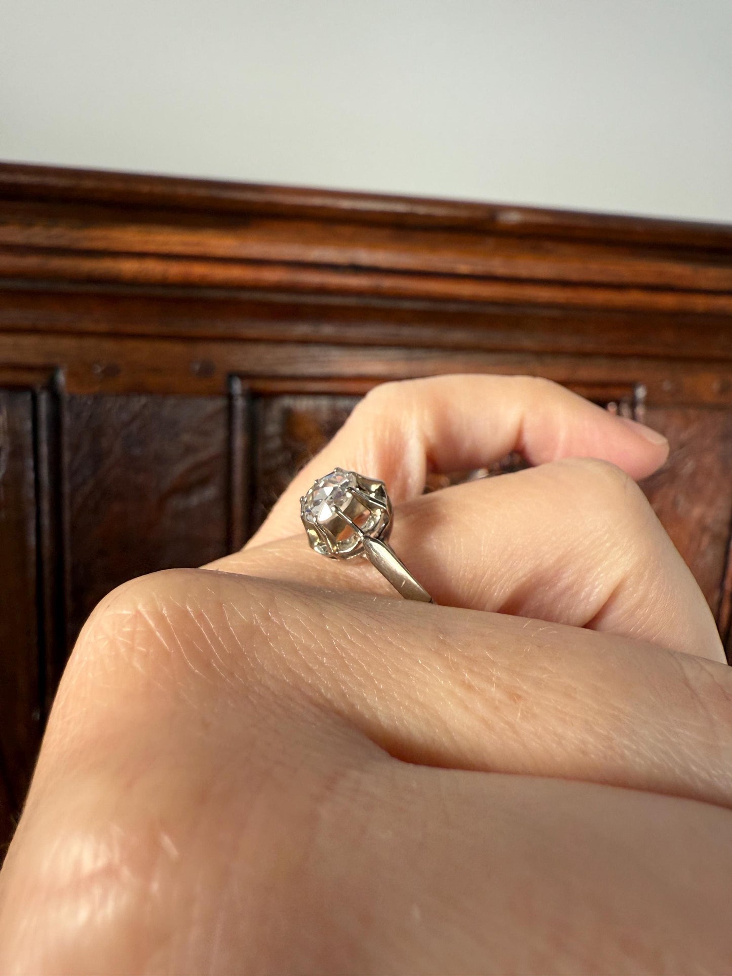 Antique 6.2mm Eye Clean Rose Cut DIAMOND Solitaire 18k White Gold Ring Disco Ball Stacker Open Back Engagement 1 Carat Face Up