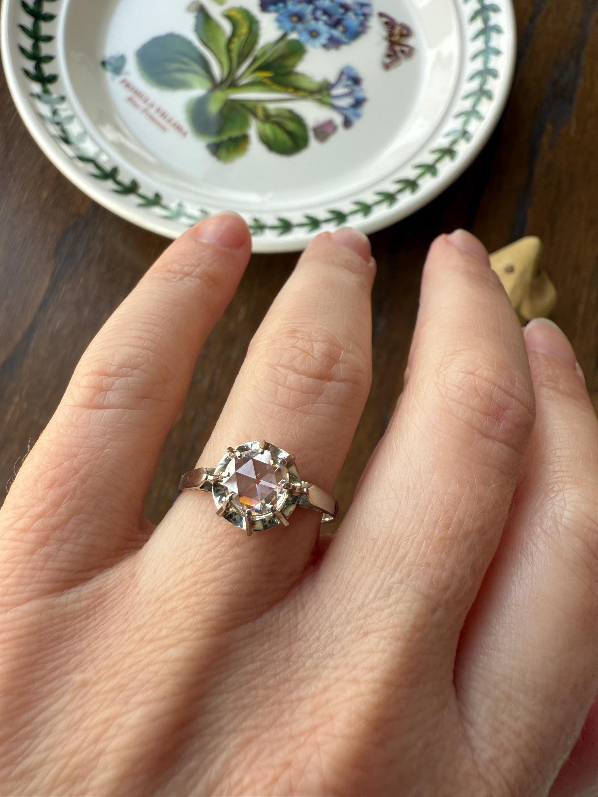 Antique 6.2mm Eye Clean Rose Cut DIAMOND Solitaire 18k White Gold Ring Disco Ball Stacker Open Back Engagement 1 Carat Face Up