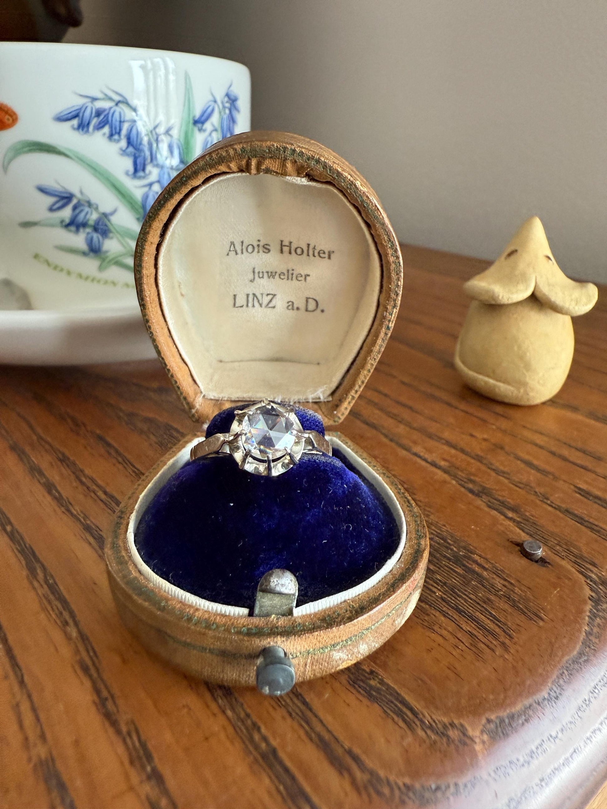 Antique 6.2mm Eye Clean Rose Cut DIAMOND Solitaire 18k White Gold Ring Disco Ball Stacker Open Back Engagement 1 Carat Face Up