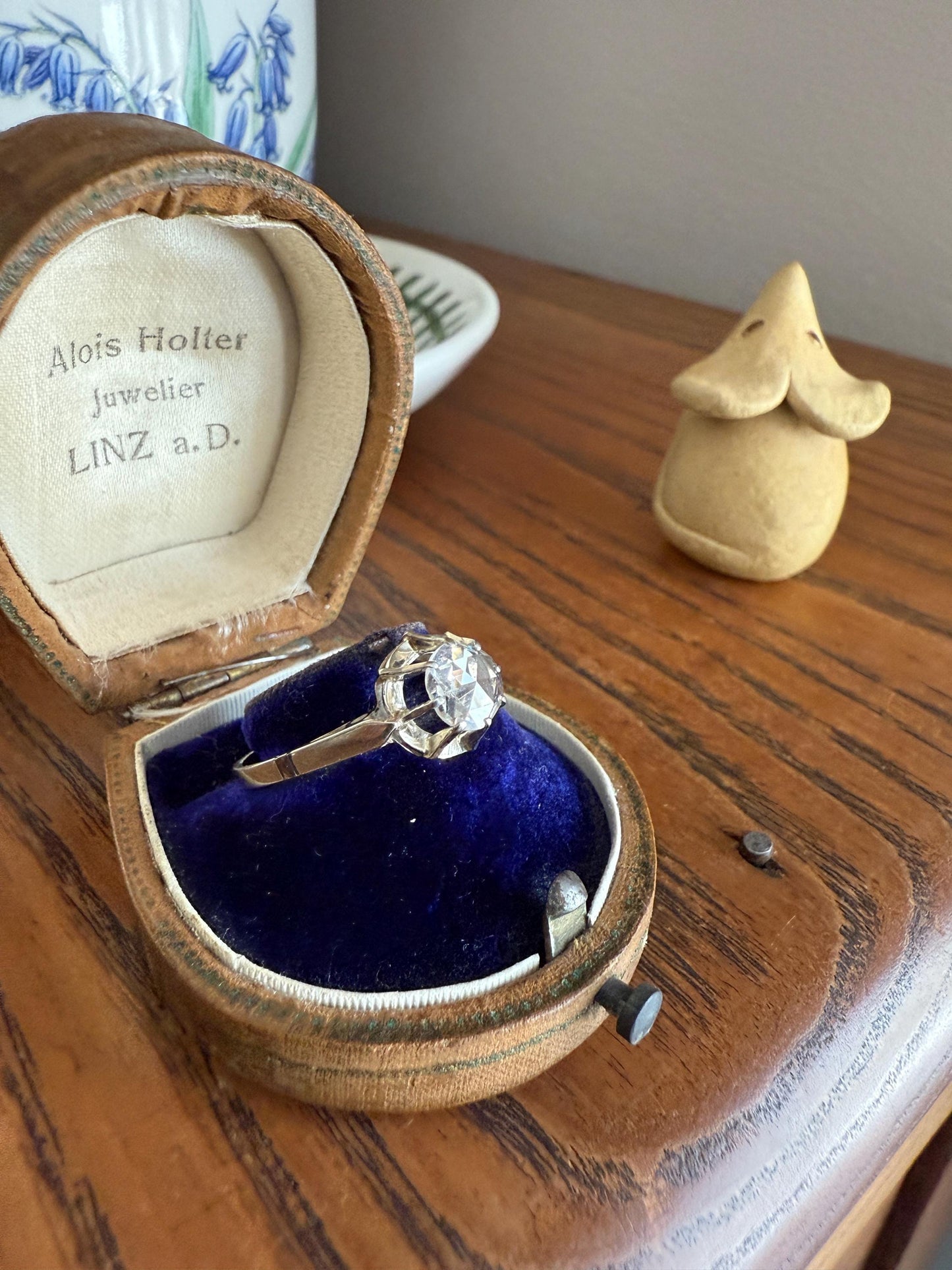 Antique 6.2mm Eye Clean Rose Cut DIAMOND Solitaire 18k White Gold Ring Disco Ball Stacker Open Back Engagement 1 Carat Face Up