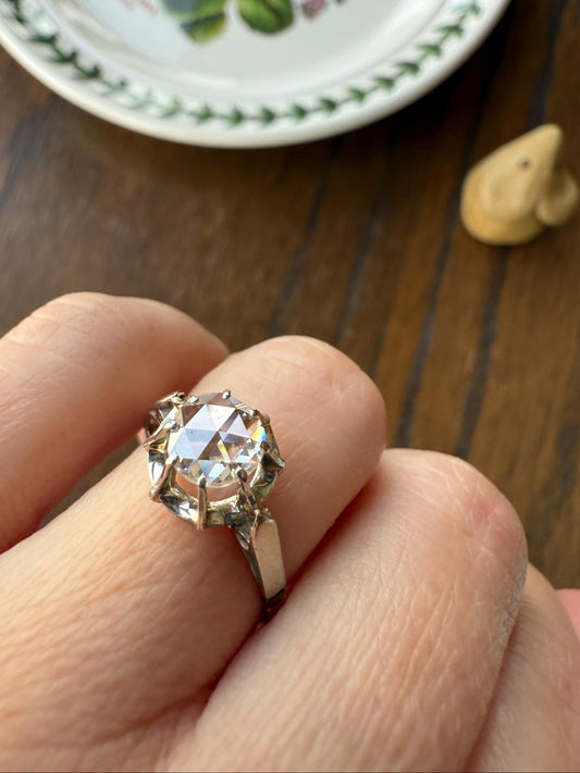 Antique 6.2mm Eye Clean Rose Cut DIAMOND Solitaire 18k White Gold Ring Disco Ball Stacker Open Back Engagement 1 Carat Face Up