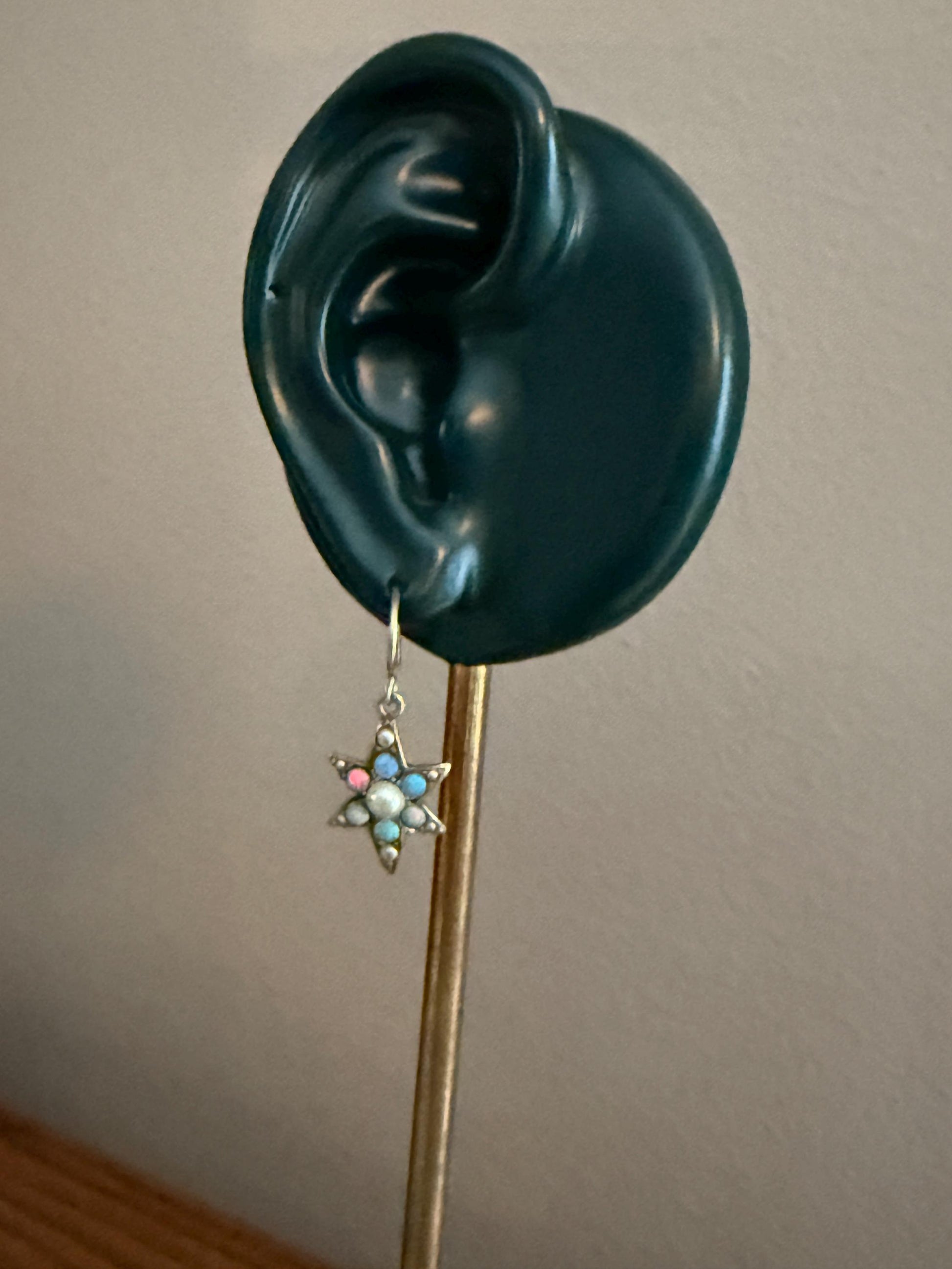 STAR Blue OPAL Pearl Beads Dangle Earrings Cluster Antique Victorian Iridescent Figural Celestial