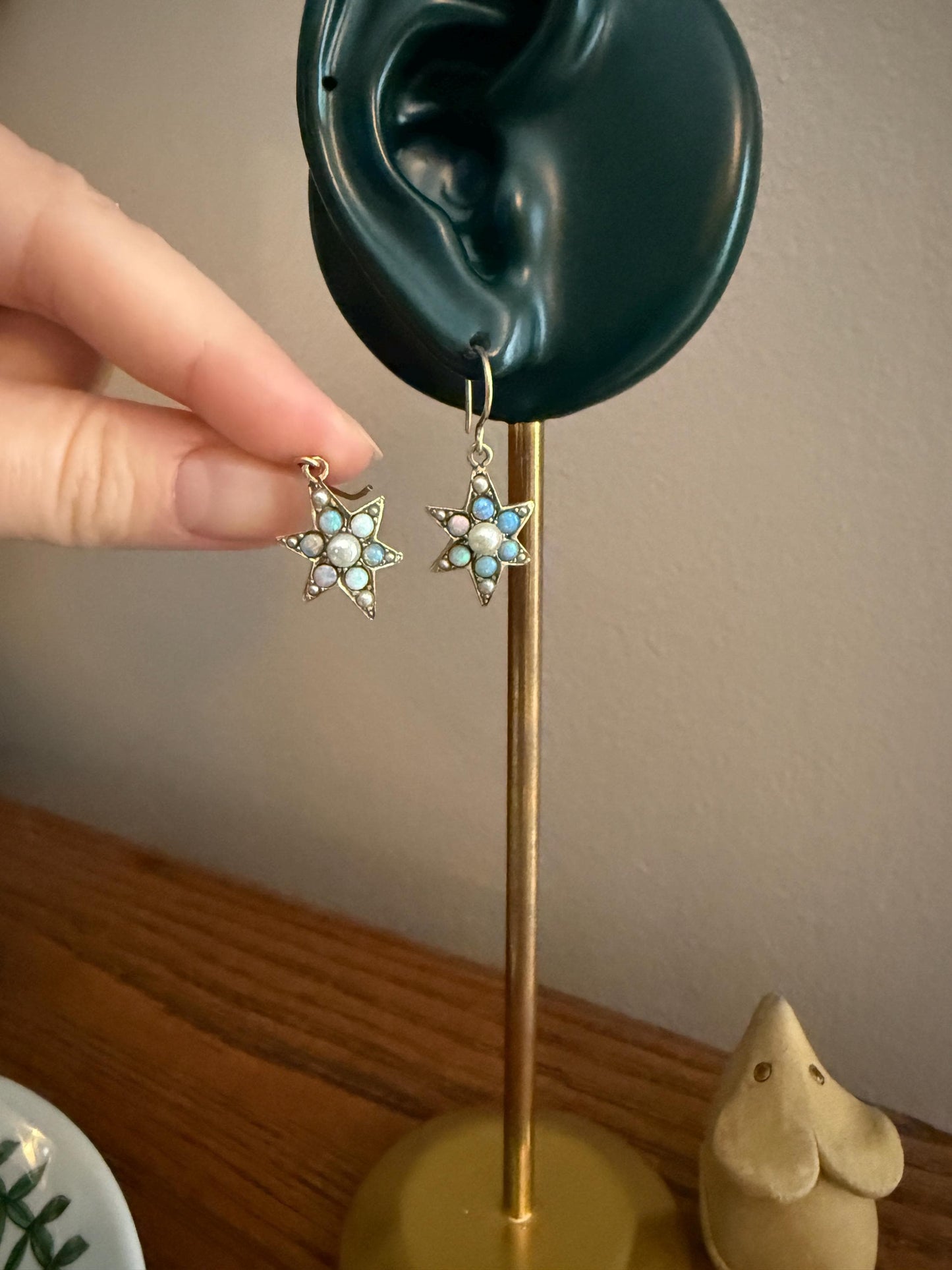 STAR Blue OPAL Pearl Beads Dangle Earrings Cluster Antique Victorian Iridescent Figural Celestial