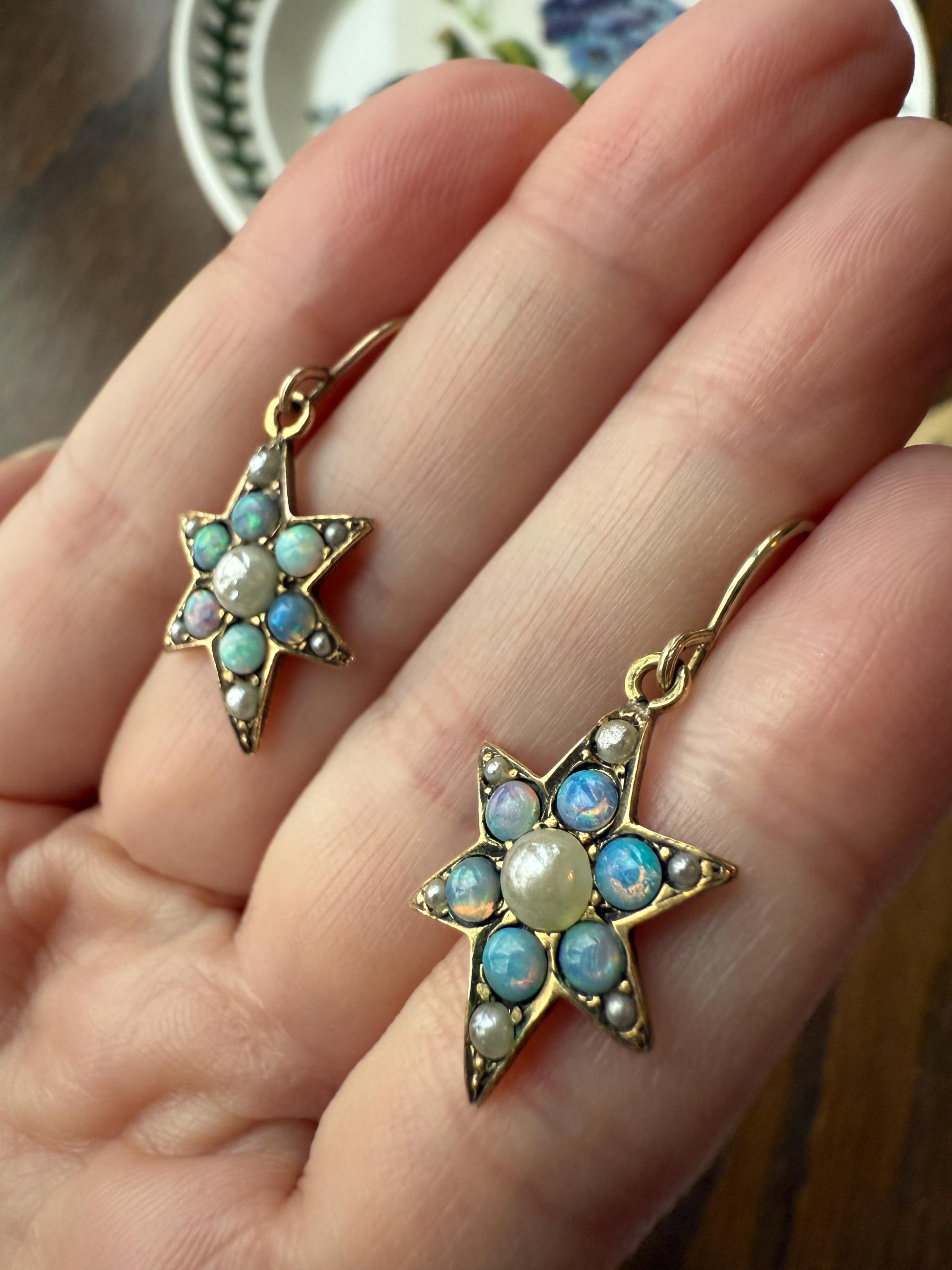 STAR Blue OPAL Pearl Beads Dangle Earrings Cluster Antique Victorian Iridescent Figural Celestial