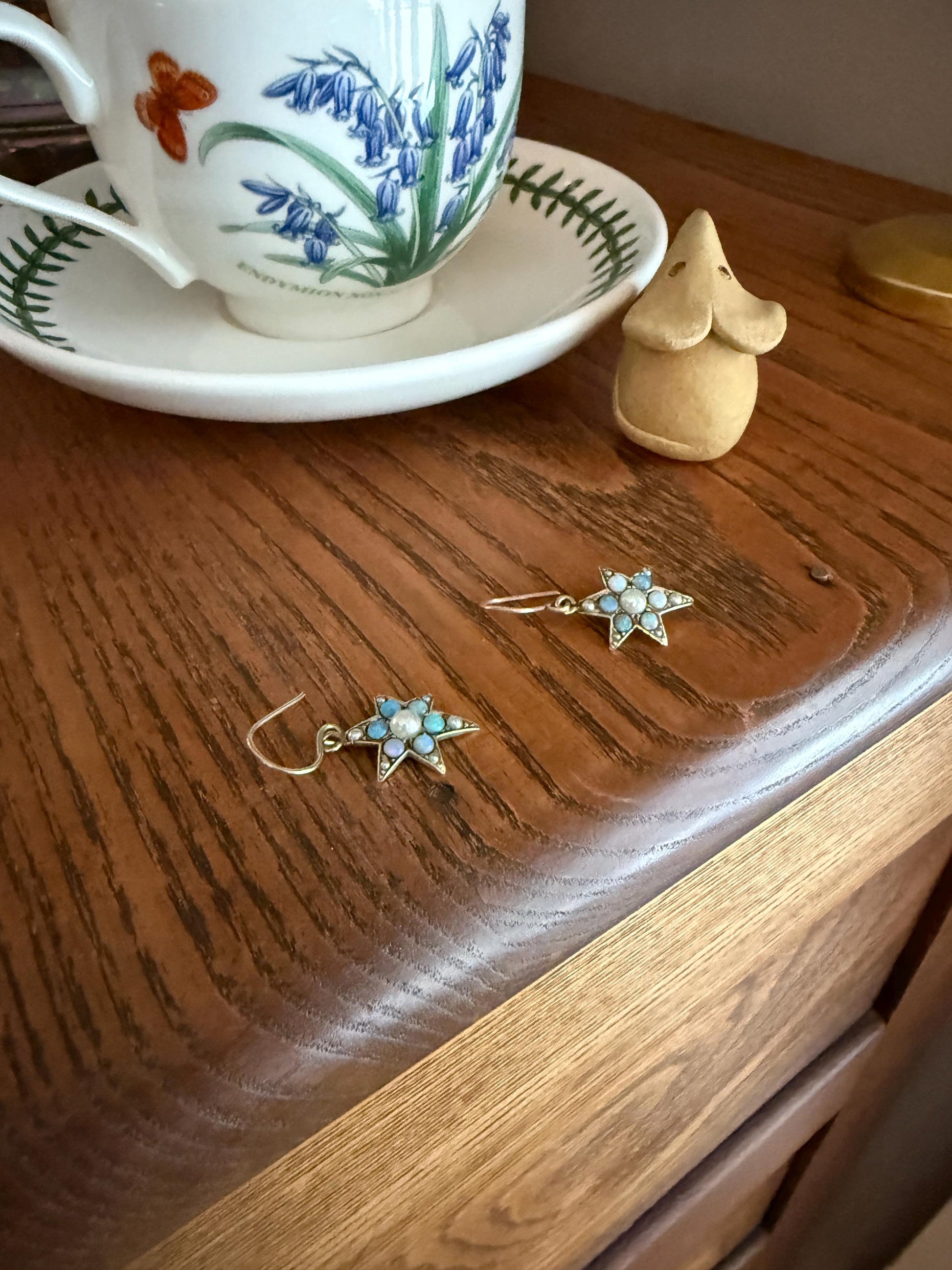 STAR Blue OPAL Pearl Beads Dangle Earrings Cluster Antique Victorian Iridescent Figural Celestial