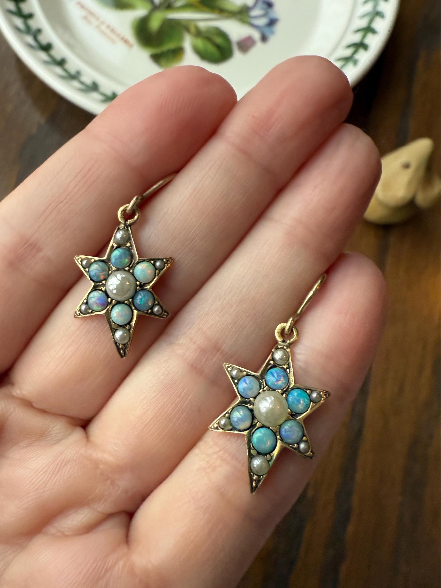 STAR Blue OPAL Pearl Beads Dangle Earrings Cluster Antique Victorian Iridescent Figural Celestial