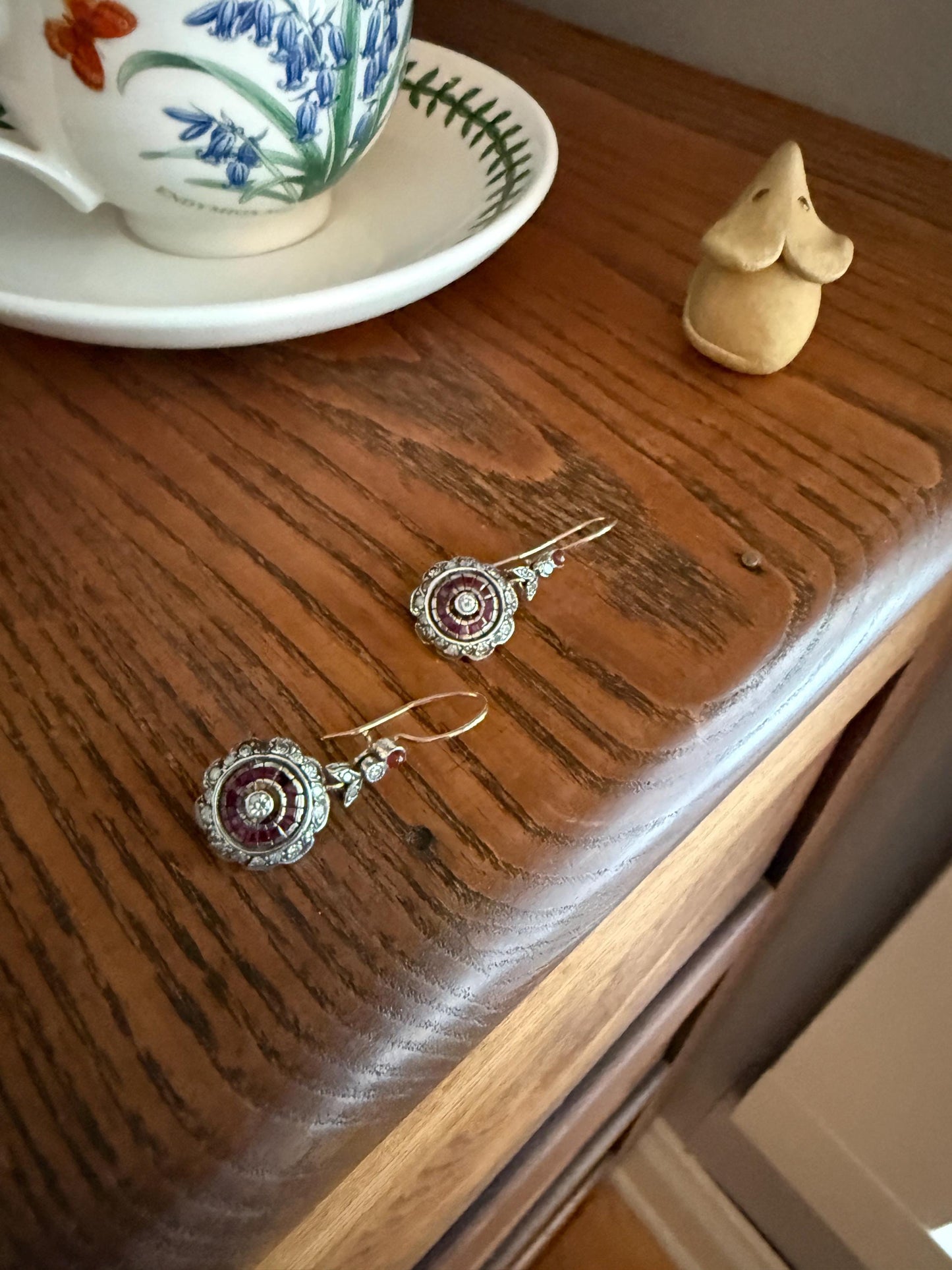 Natural RUBY Halo Antique Old Single Cut DIAMOND Halo Dangle Earrings 8k 14k Gold Sterling Silver Scalloped Floral Cluster Bullseye Target