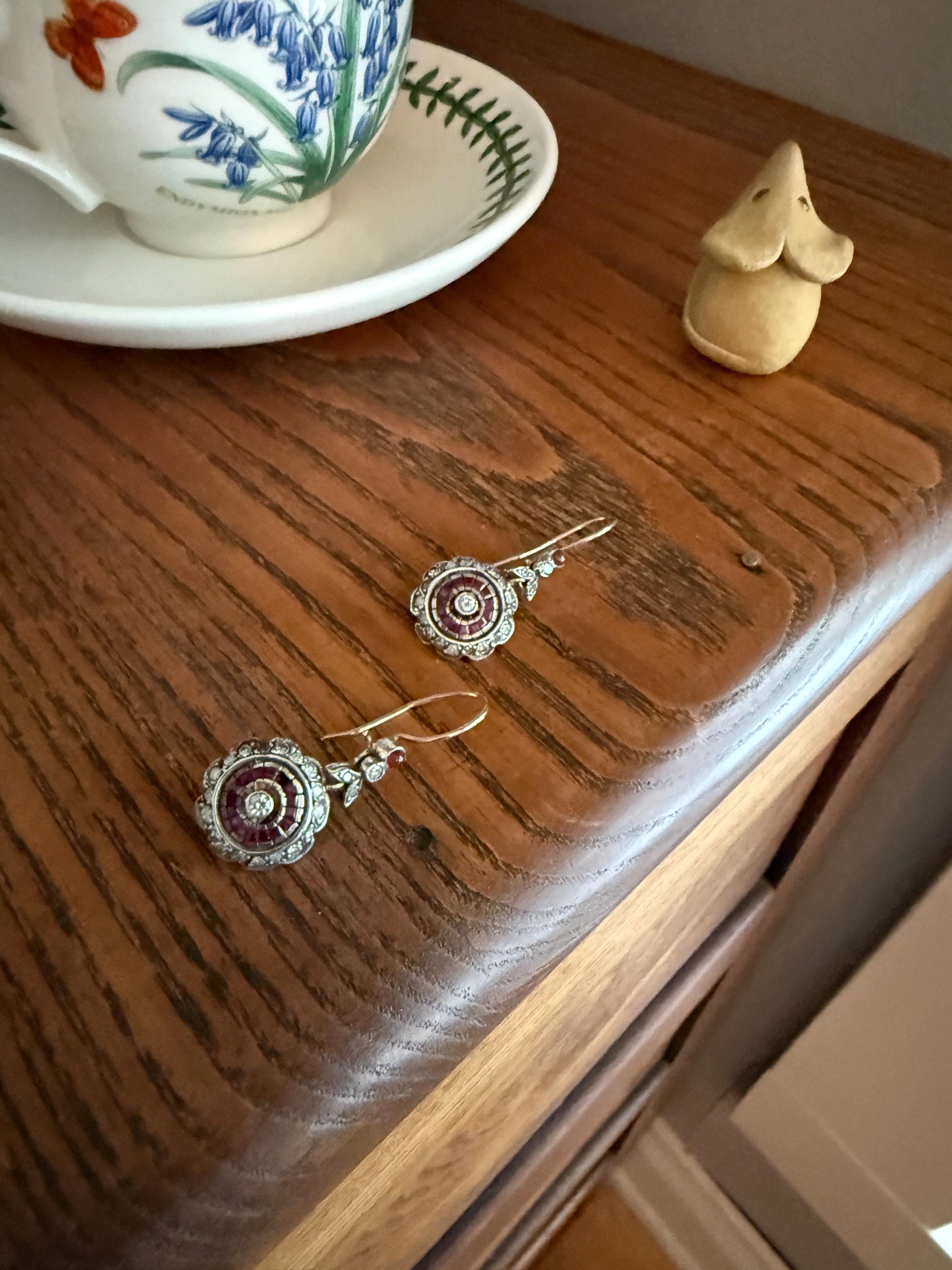 Natural RUBY Halo Antique Old Single Cut DIAMOND Halo Dangle Earrings 8k 14k Gold Sterling Silver Scalloped Floral Cluster Bullseye Target
