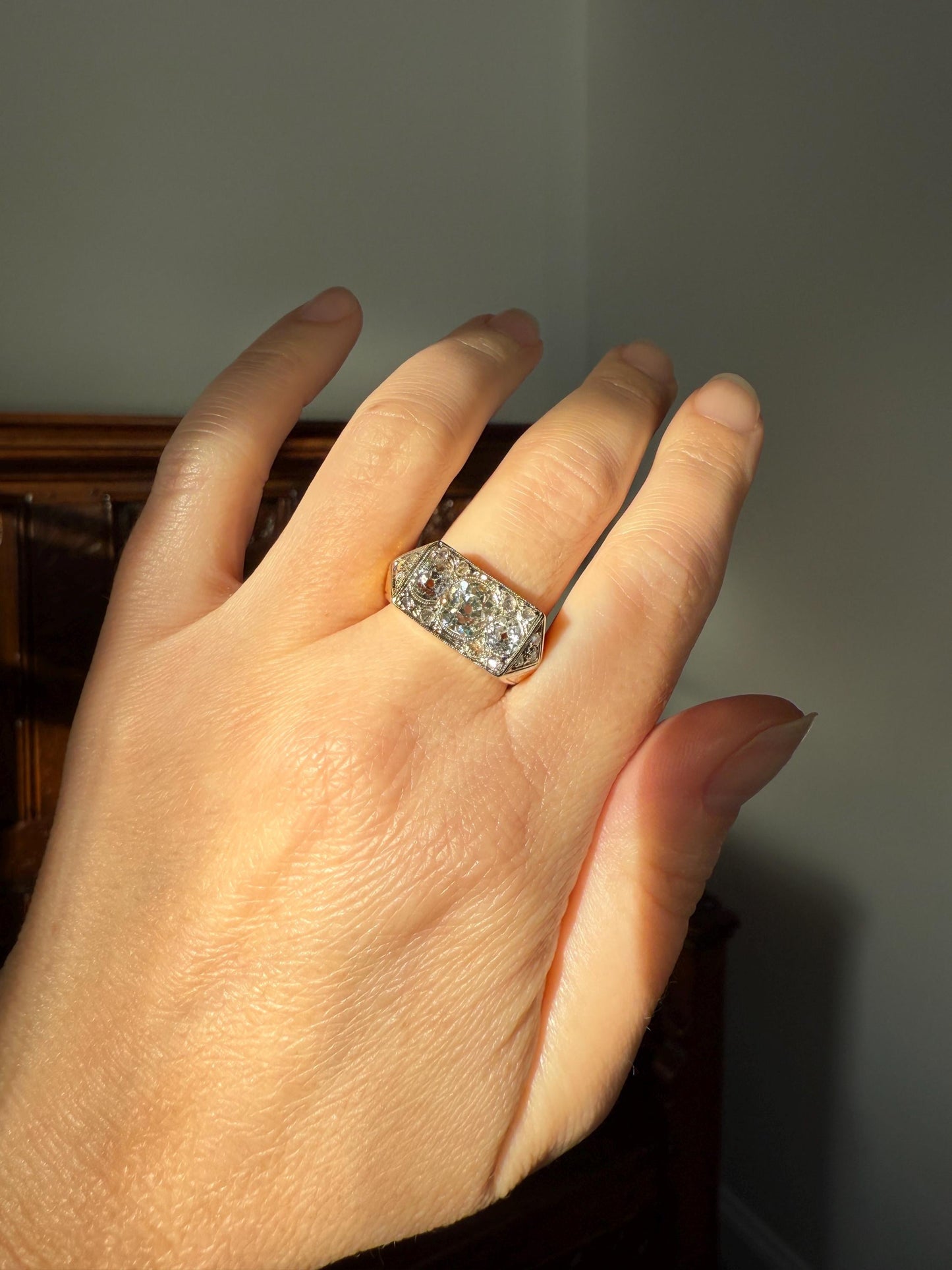 HEAVY French Antique 2 CARATS Old Mine Cut DIAMOND Chunky Tank Ring 14.6g 18k Gold Engraved Flared Geometric Rectangular Art Deco Omc