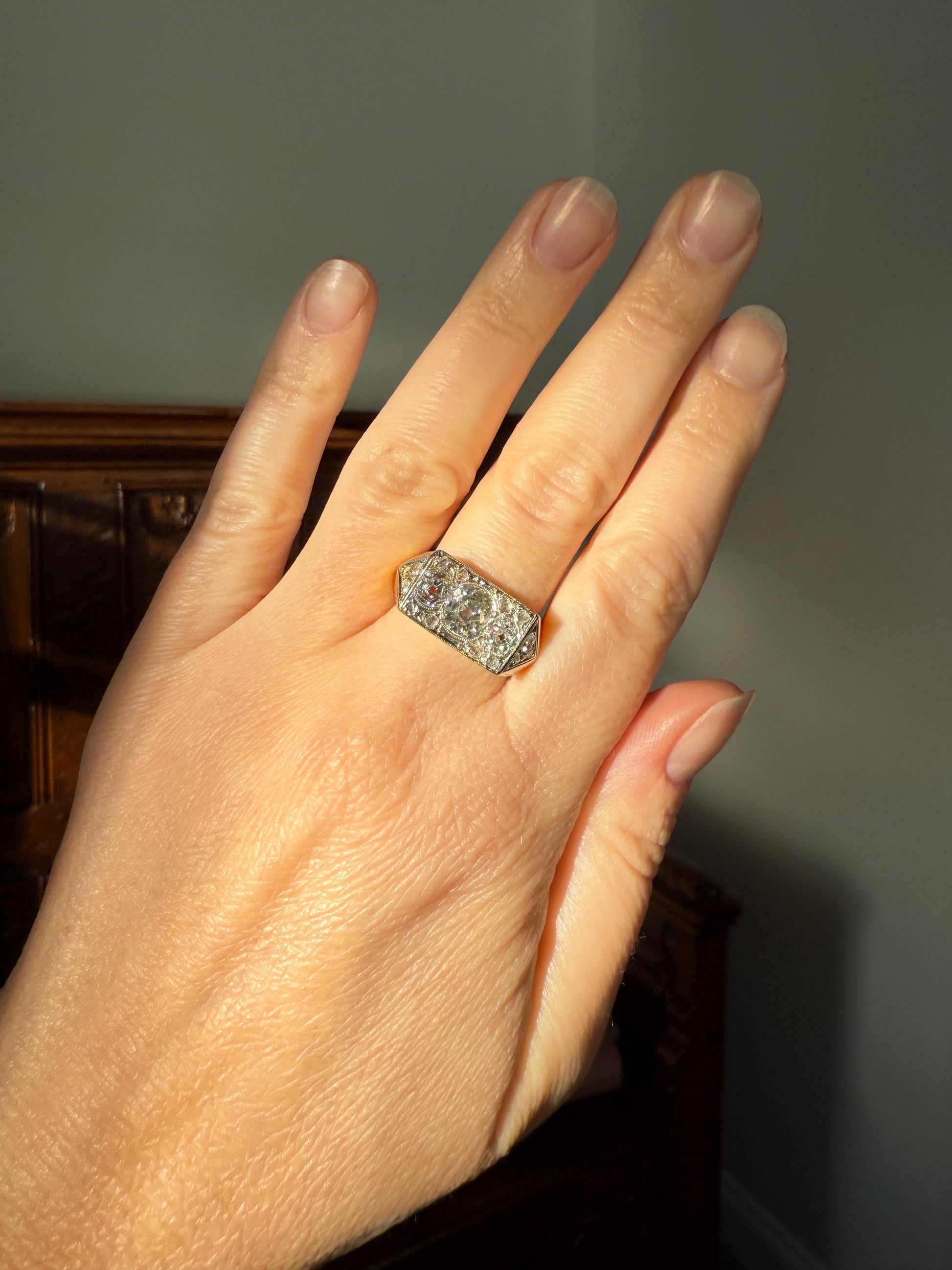 HEAVY French Antique 2 CARATS Old Mine Cut DIAMOND Chunky Tank Ring 14.6g 18k Gold Engraved Flared Geometric Rectangular Art Deco Omc