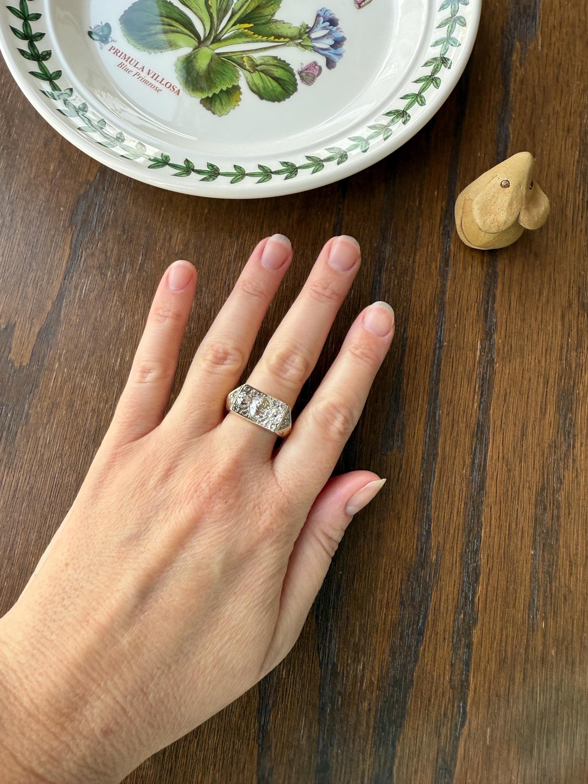 HEAVY French Antique 2 CARATS Old Mine Cut DIAMOND Chunky Tank Ring 14.6g 18k Gold Engraved Flared Geometric Rectangular Art Deco Omc