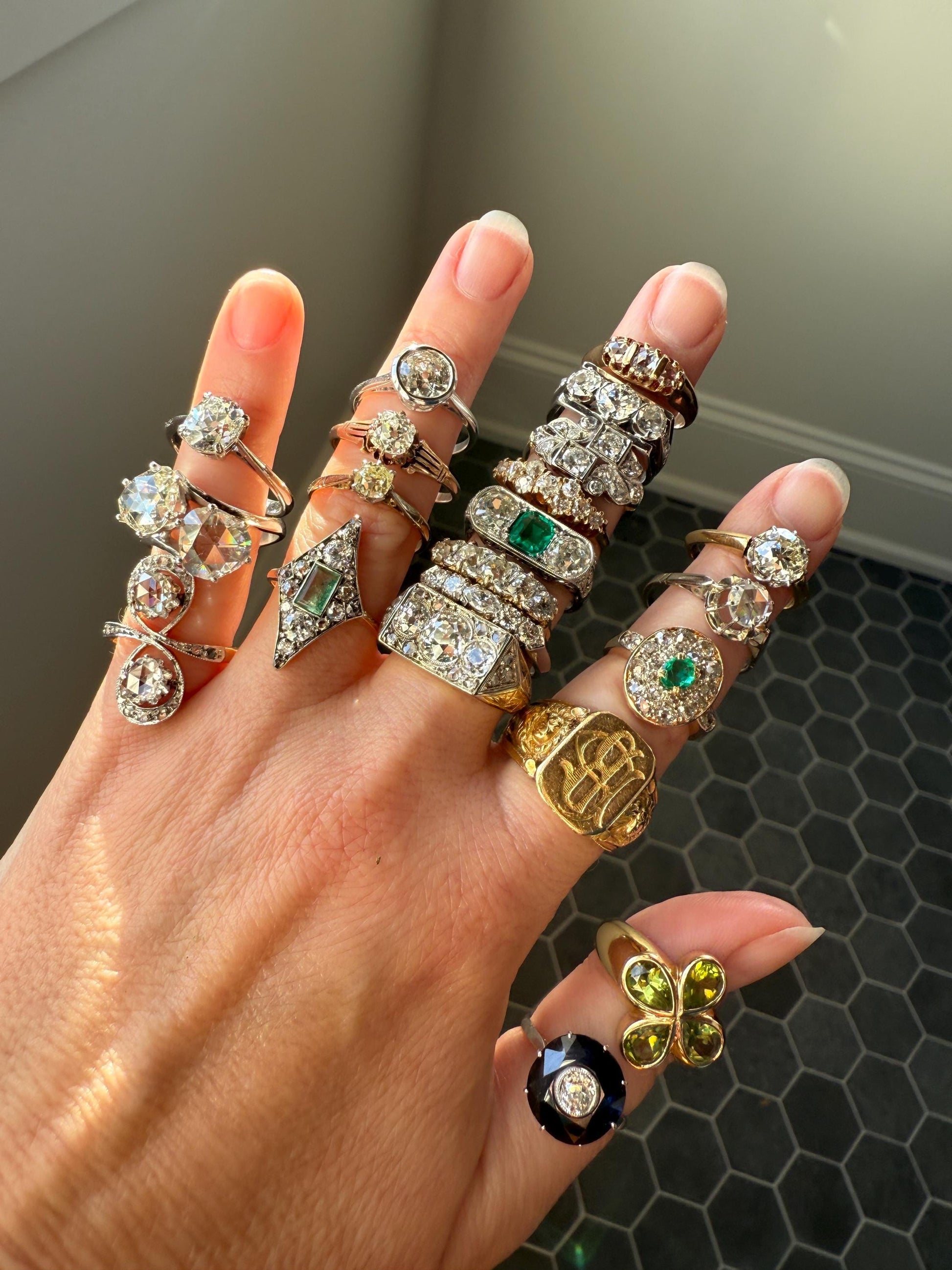 Three Stone Antique 1.75 Carat Old Mine Cut DIAMOND Chunky Tank Geometric Wrap Ring 14k White Gold Platinum Squared Band Stacker