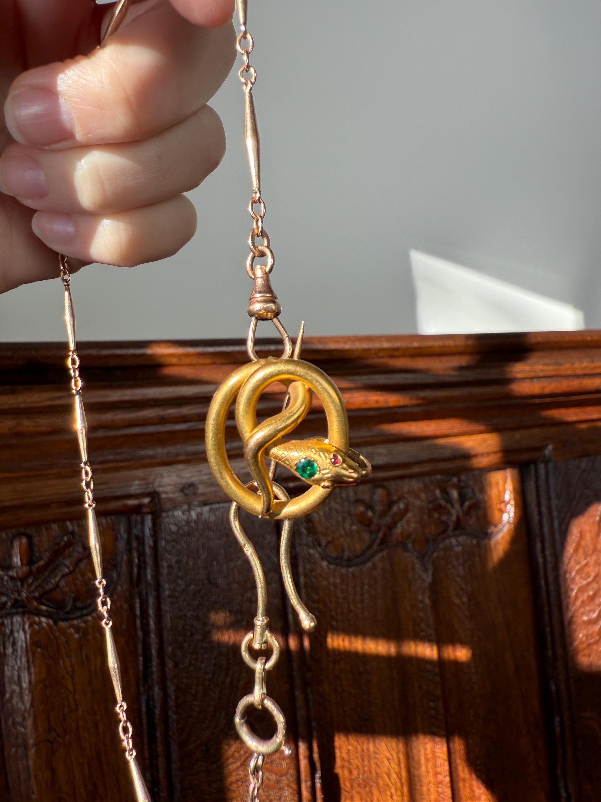 SNAKE Victorian Antique Figural 18k Gold Solid French Brooch w/ Pendant Holder Extender Connector Green Emerald Head Ruby Eyes